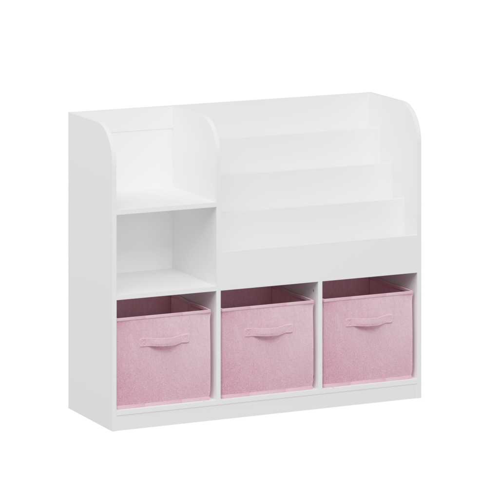 Kids Bookcase and Bookshelf with 3 Collapsible Fabric Drawers, Multifunctional White/Pink Display Stand for Bedroom, Playroom