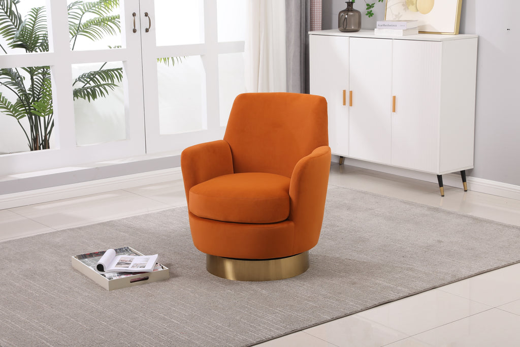 Velvet Swivel Barrel Chair, Swivel Accent Chairs Armchair for Living Room, Reading Chairs for Bedroom Comfy, Round Barrel Chairs with Gold Stainless Steel Base (Orange) - Grand Goldman Shop