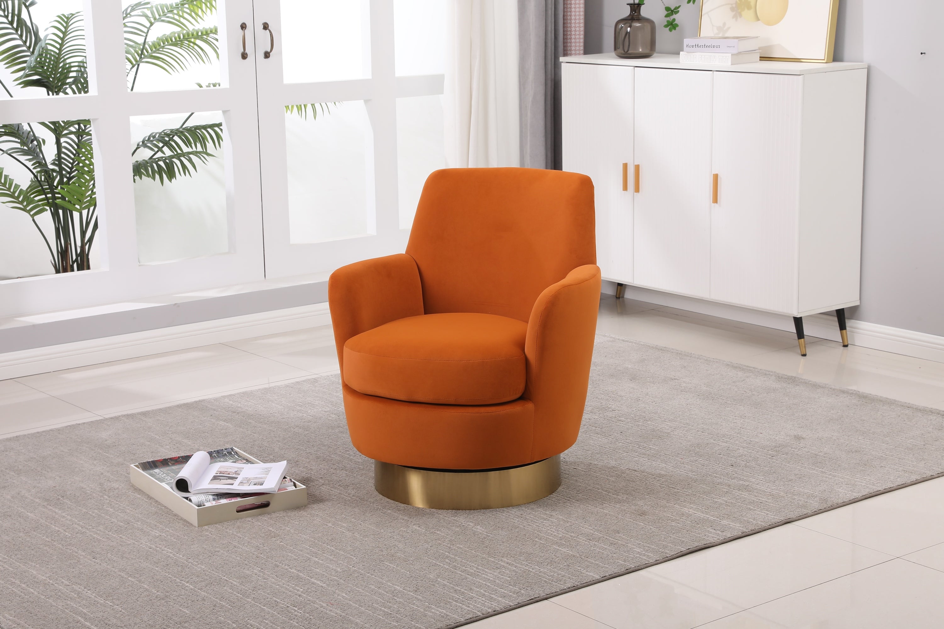 Velvet Swivel Barrel Chair, Swivel Accent Chairs Armchair for Living Room, Reading Chairs for Bedroom Comfy, Round Barrel Chairs with Gold Stainless Steel Base (Orange) - Grand Goldman Shop