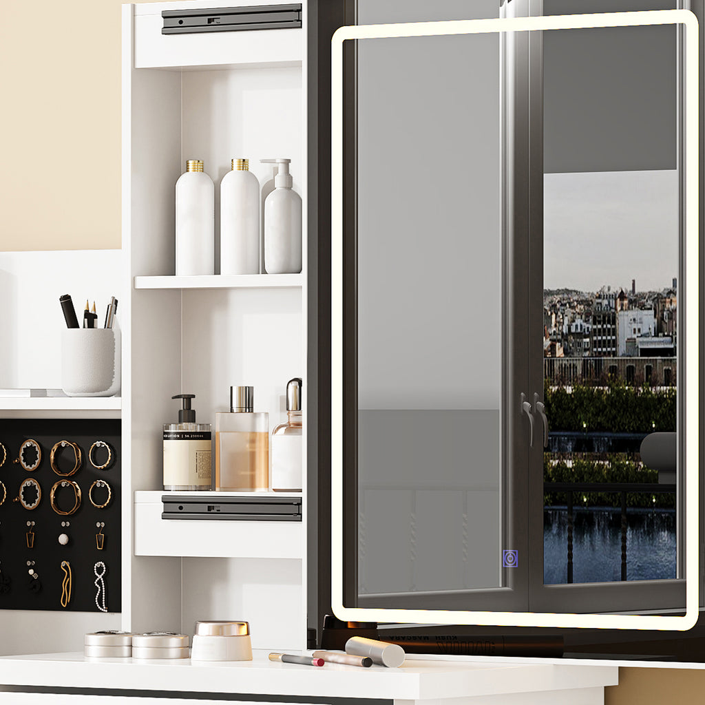 Vanity Desk Set with Sliding Lighted Mirror, Makeup Dressing Table with 4 Drawers & 9 Storage Spaces, Hidden Compartments and Cushioned Stool, White Beauty Furniture for Bedroom - Grand Goldman Shop