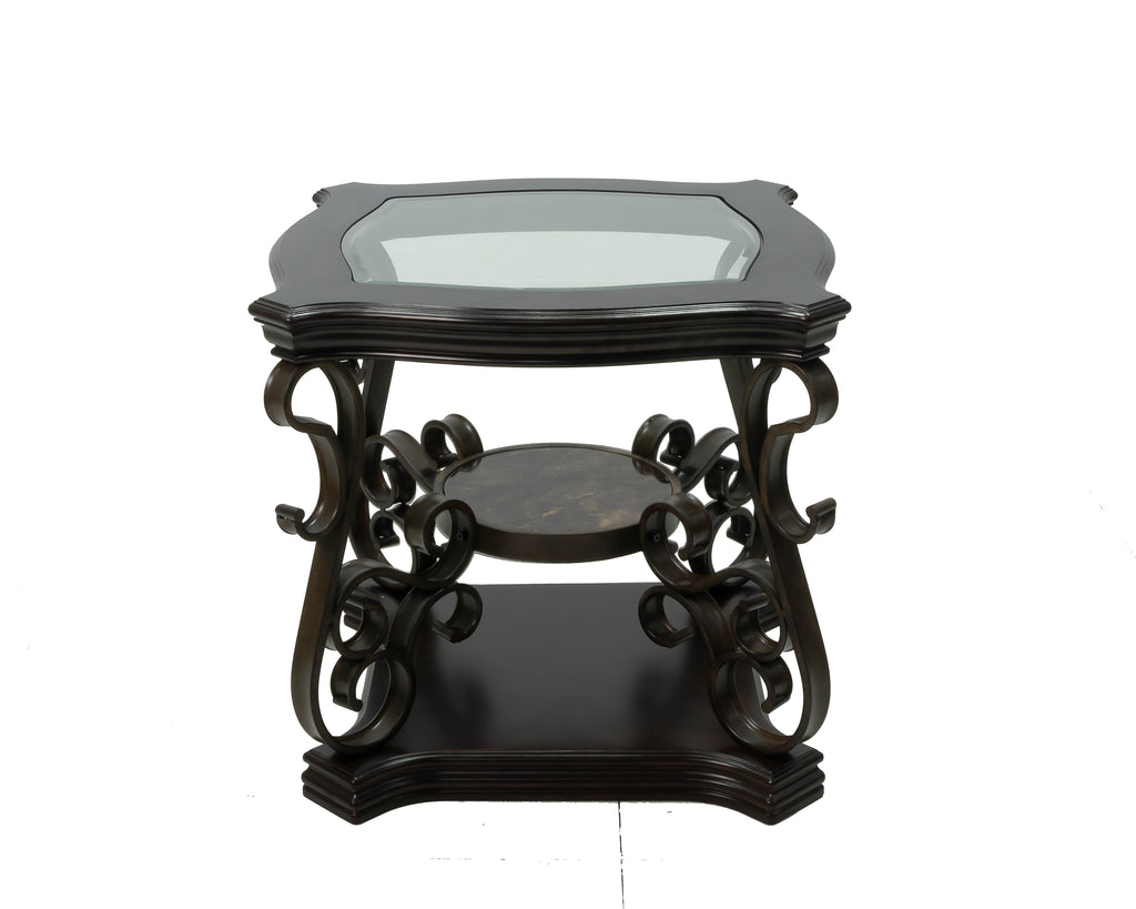 End table,  Glass table top, MDF W/marble paper middle shelf, powder coat finish metal legs. (26.3'Lx26.3'Wx24'H) - Grand Goldman Shop