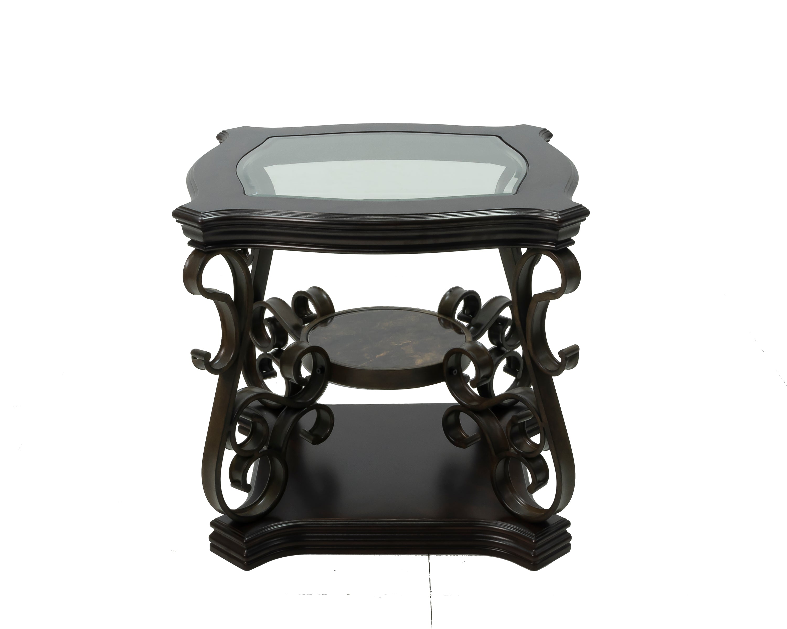 End table,  Glass table top, MDF W/marble paper middle shelf, powder coat finish metal legs. (26.3'Lx26.3'Wx24'H) - Grand Goldman Shop
