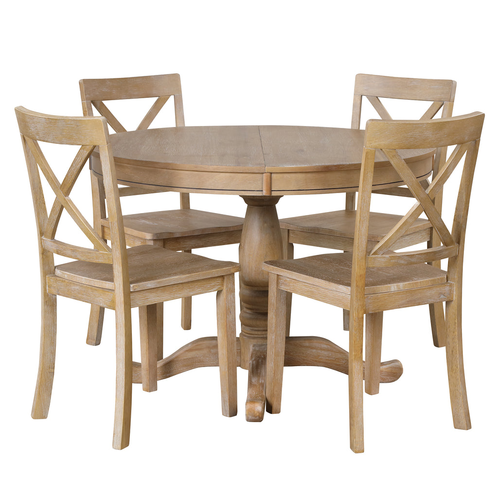 Modern Natural Wood Wash Dining Table Set for 4 with Round Table and Chairs, Solid Wood and MDF - Grand Goldman Shop