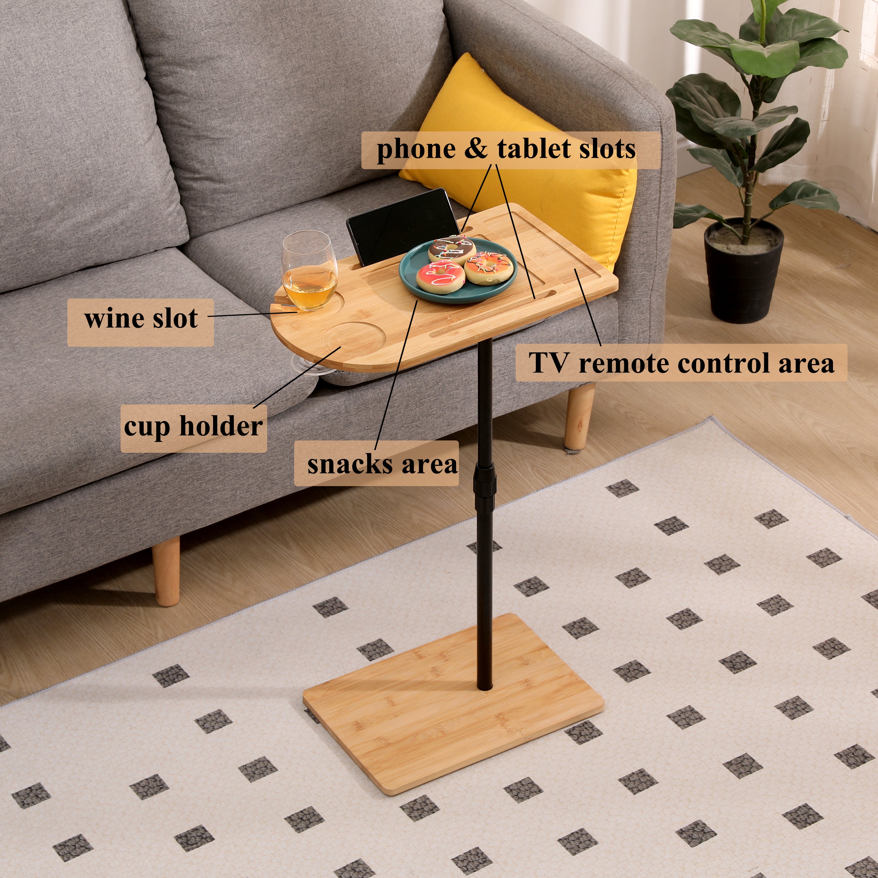 Couch Tray Table Bamboo Height Adjustable Side Table for Sofa C-shaped Oval End Tables with Slots for Bed & Chairs in Living Room & Bedroom (Oval + Rectangle) - Grand Goldman Shop