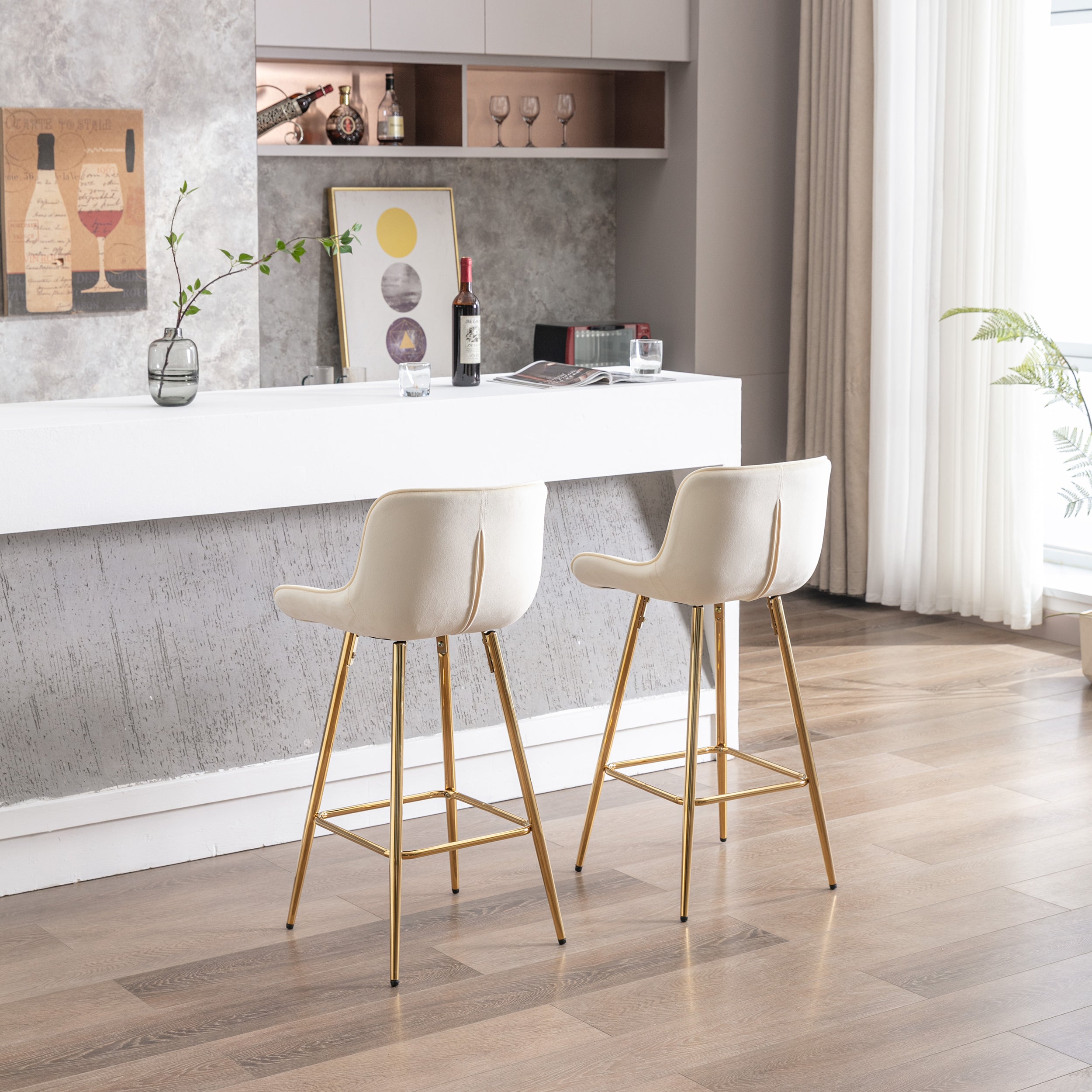 26 Inch Set of 2 Bar Stools,with Chrome Footrest Velvet Fabric Counter Stool Golden Leg Simple Bar Stool,CREAM - Grand Goldman Shop