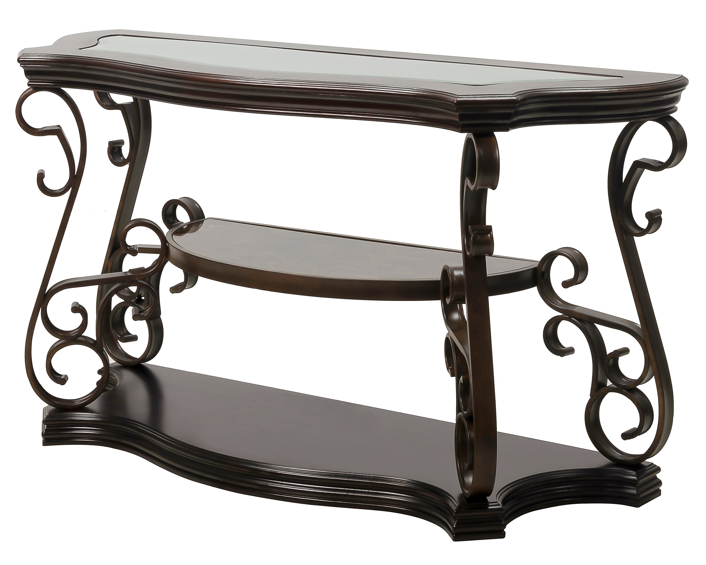 Sofa Table, Glass table top, MDF W/marble paper middle shelf, powder coat finish metal legs. (54'Lx20'Wx30'H) - Grand Goldman Shop