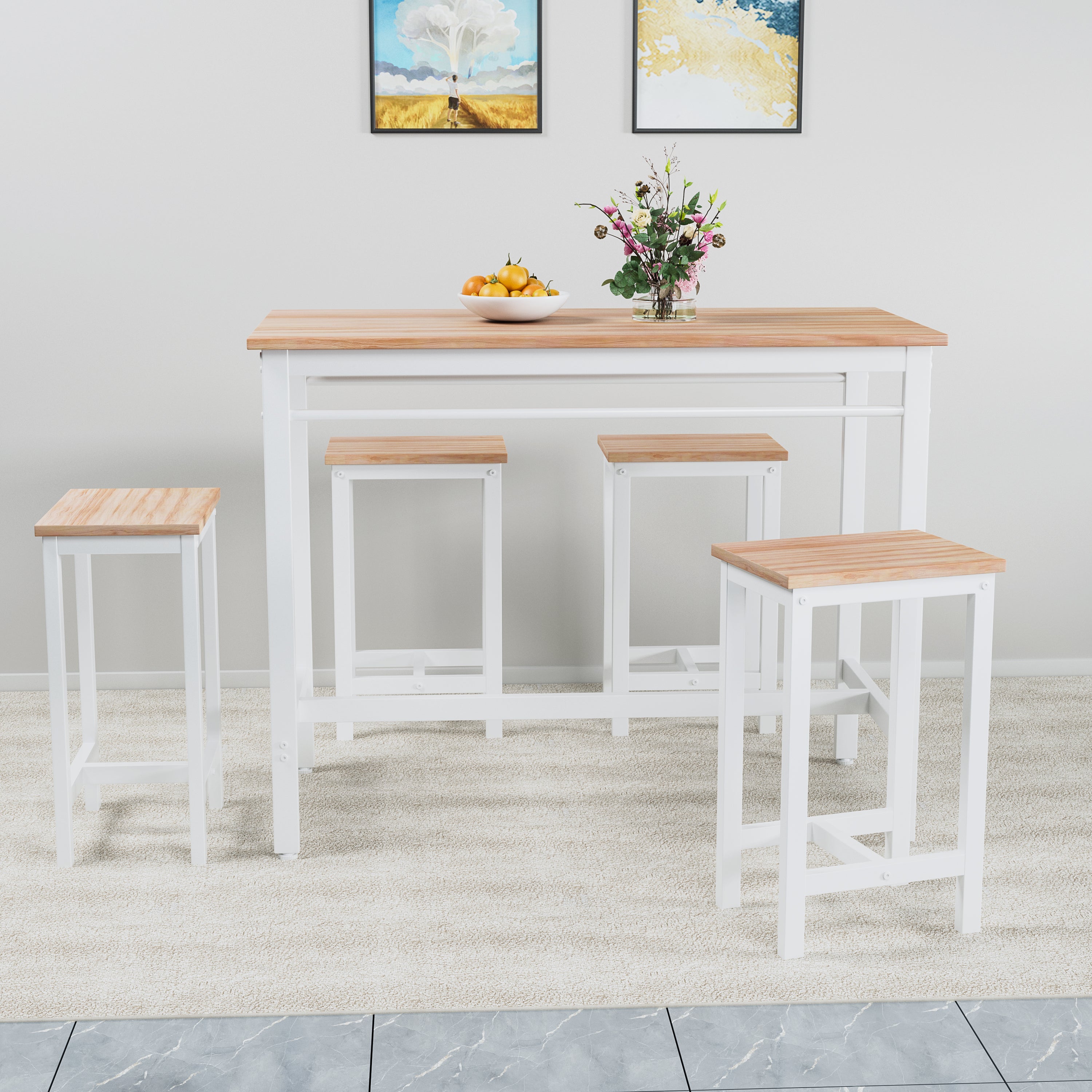5-piece modern kitchen table with four bar stools Bar table set 5PC,metal frame and MDF, white oak,47.5'' L x 23.7'' W x 35.5'' H. - Grand Goldman Shop