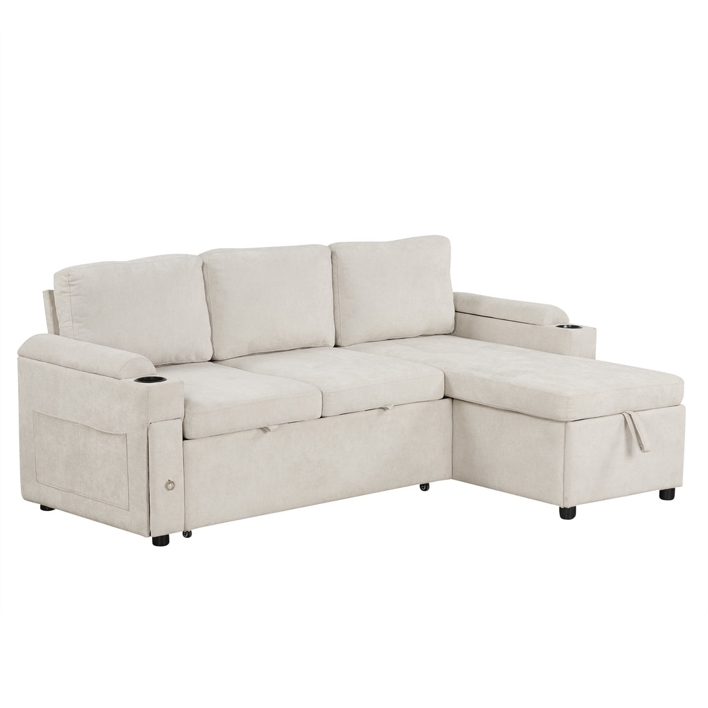 Convertible L-shaped Beige Sofa Couch with Storage, Cup Holders, USB Ports, Chenille Fabric - Grand Goldman Shop