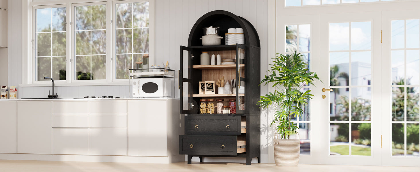 K&K 71' Tall Arched Kitchen Pantry Cabinet with 2 Large Drawers, Modern Farmhouse Kitchen Storage Cabinets with Adjustable Shelves, Glass Door, Wood Versatile Cupboard for Kitchens, Dining Room, Black - Grand Goldman Shop