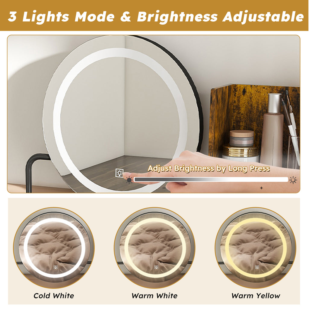 Makeup Vanity Table with LED Lights, 3 Color Options, Power Outlet, Brown MDF, 31.5 x 15.75 x 52.36 inches - Grand Goldman Shop