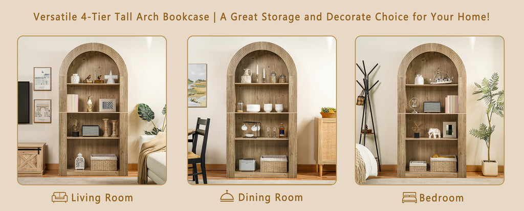78.74' Tall Arched Bookcase,  Mid Century Modern 4-Tier Arched Storage Bookcase with Open Display Storage Shelf for Dining Room, Living Room,Bedroom (Natural) - Grand Goldman Shop