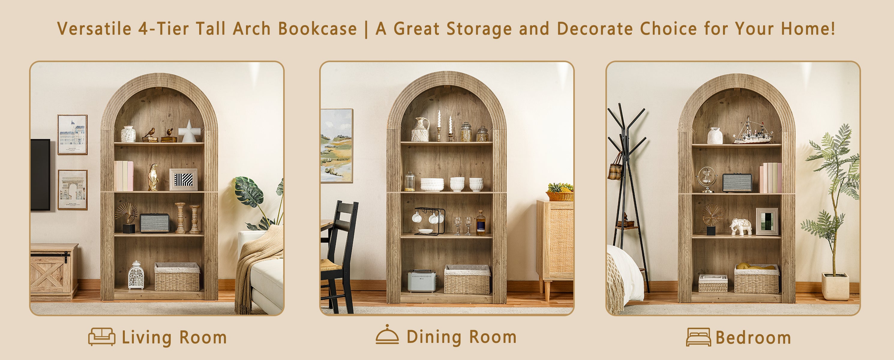 78.74' Tall Arched Bookcase,  Mid Century Modern 4-Tier Arched Storage Bookcase with Open Display Storage Shelf for Dining Room, Living Room,Bedroom (Natural) - Grand Goldman Shop