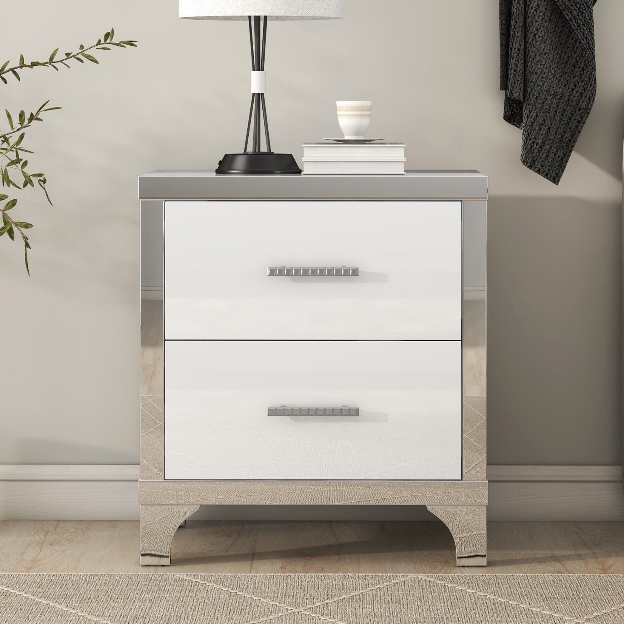 Elegant High Gloss Nightstand with Metal Handle,Mirrored Bedside Table with 2 Drawers for Bedroom,Living Room,White - Grand Goldman Shop