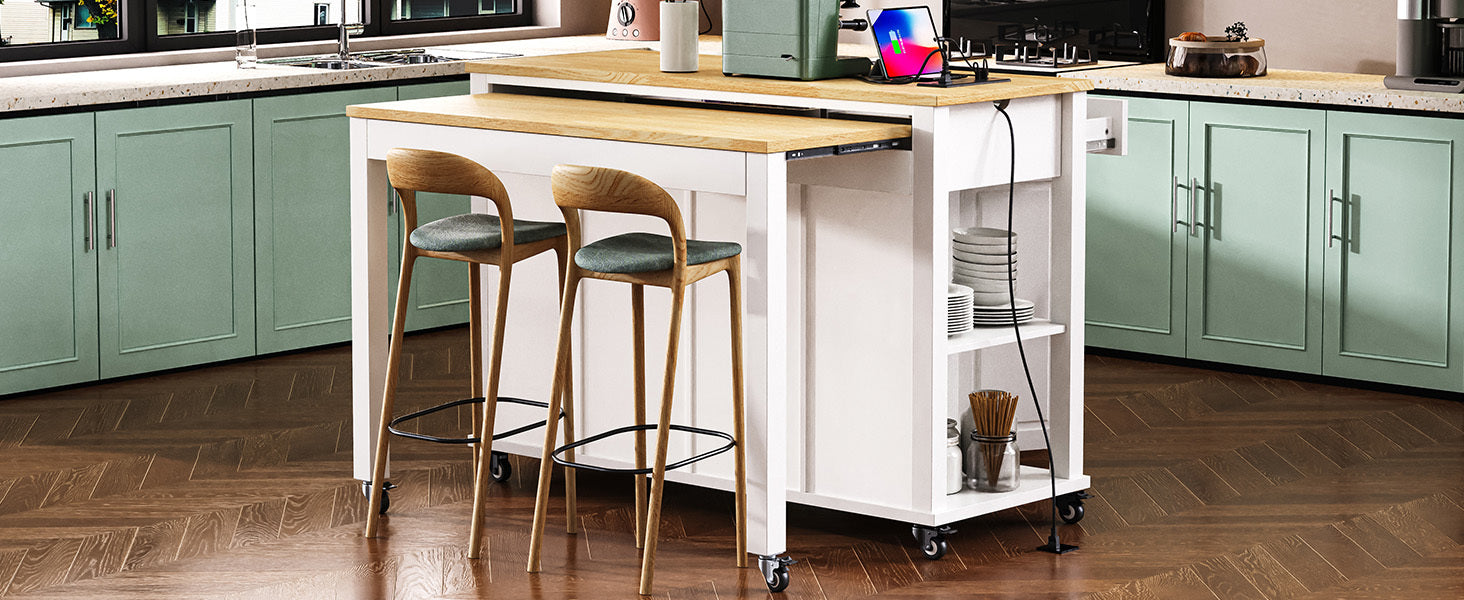 K&K 47 inch Kitchen Island with Extendable Dining Table, Rubber Wood Veneer Kitchen Table with Internal Storage Rack, Power Outlet, Kitchen island with Storage 2 Drawers 2 Cabinet,White - Grand Goldman Shop