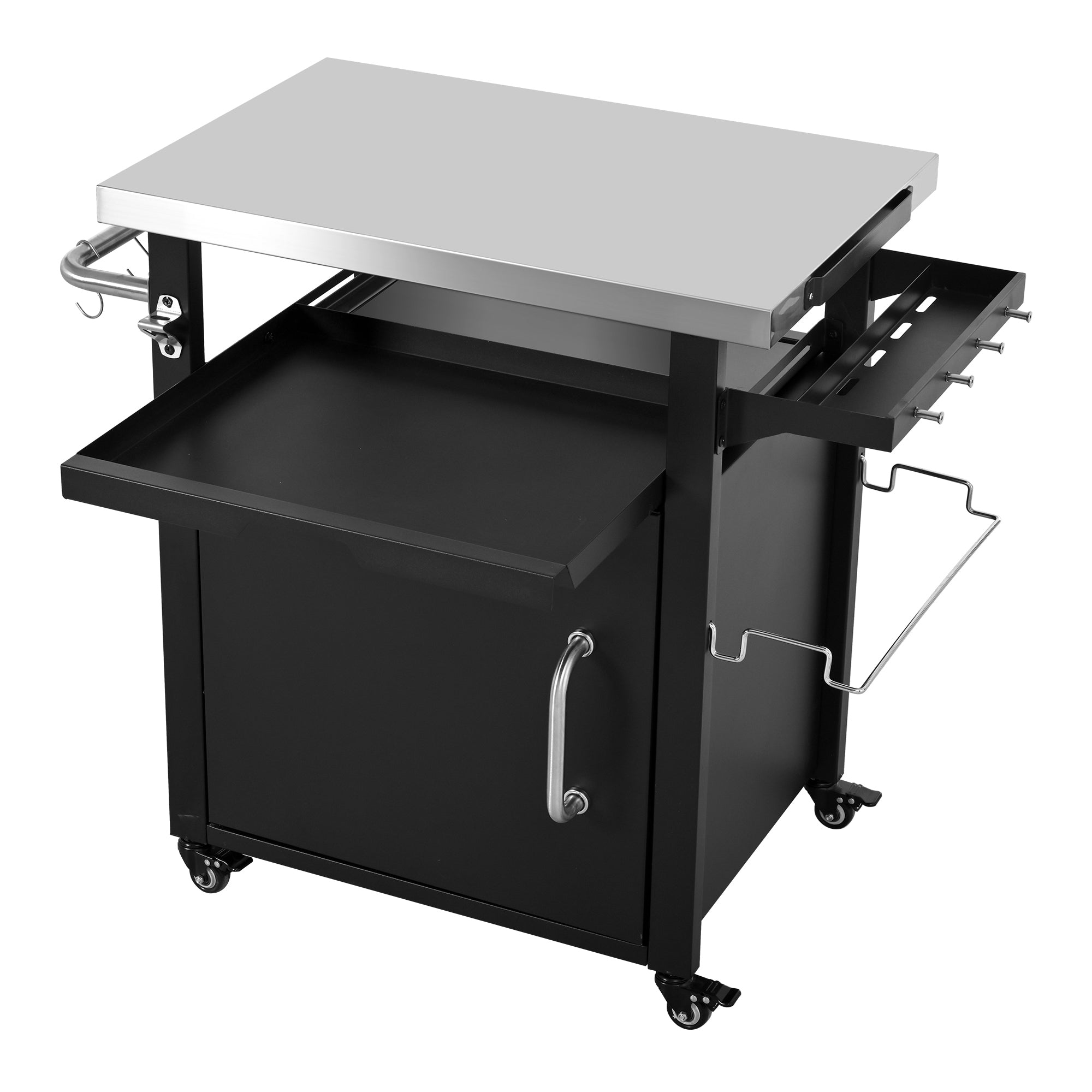 K&K 39.5' Outdoor Grill Cart with Storage Cabinet, Outdoor Bar Cart Pizza Oven Table with Wheels, Stainless Steel Top, Outdoor Kitchen Island with Spice & Paper Rack for BBQ, Waterproof Cover Included - Grand Goldman Shop