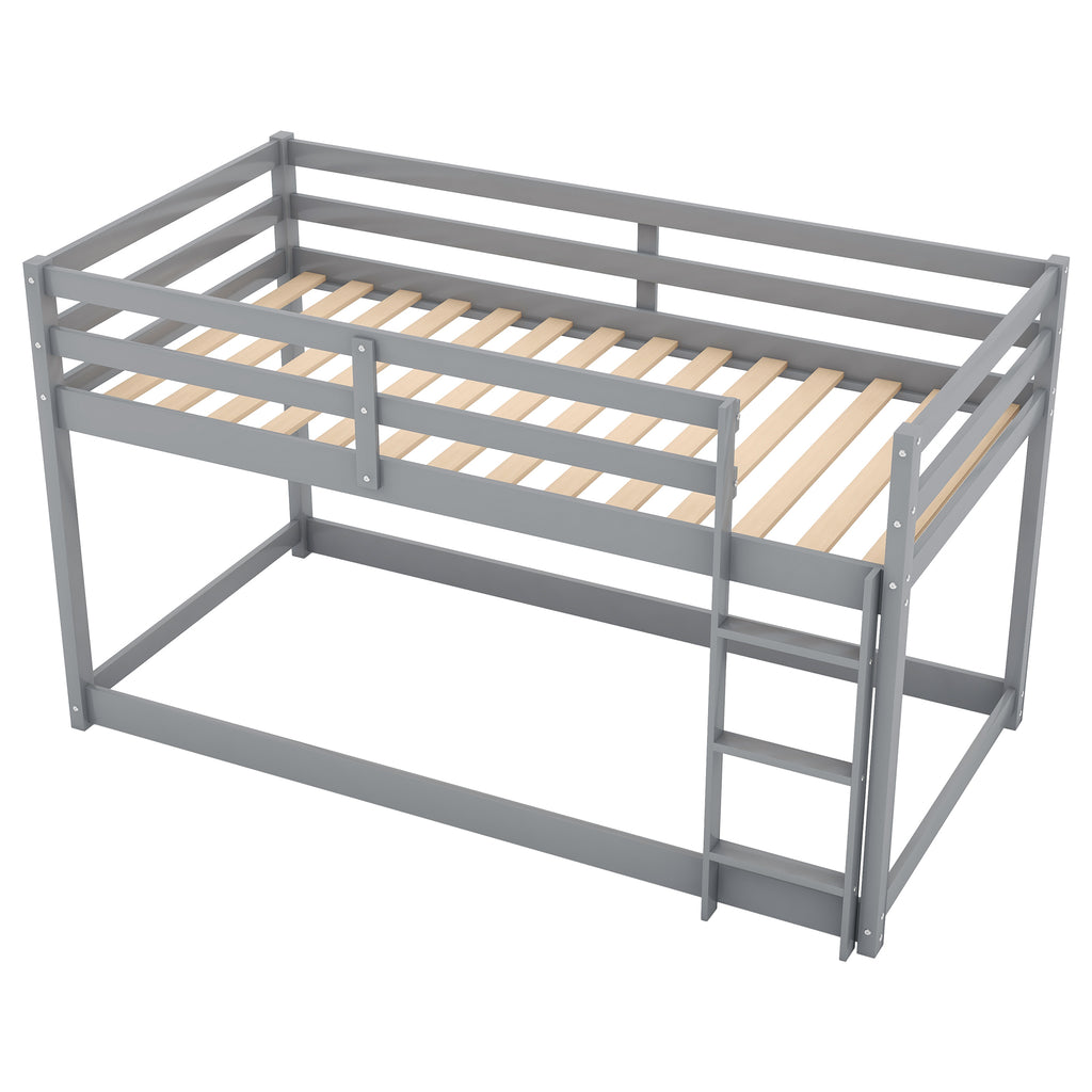 Gray Twin Over Twin Floor Bunk Bed with Ladder, Solid Pine Wood, 79.1''L x 42''W x 46.5''H - Grand Goldman Shop