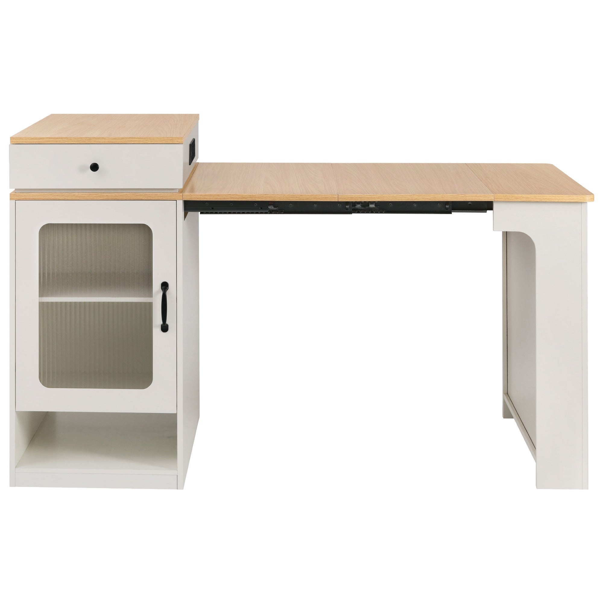 K&K 59.5' Kitchen Island with Extendable Dining Table, Kitchen Storage Table with Double-sided Storage, Kitchen Island with 2 Drawers, Power Outlet, Side Open Shelves, for Kitchen, Dining Room, White - Grand Goldman Shop