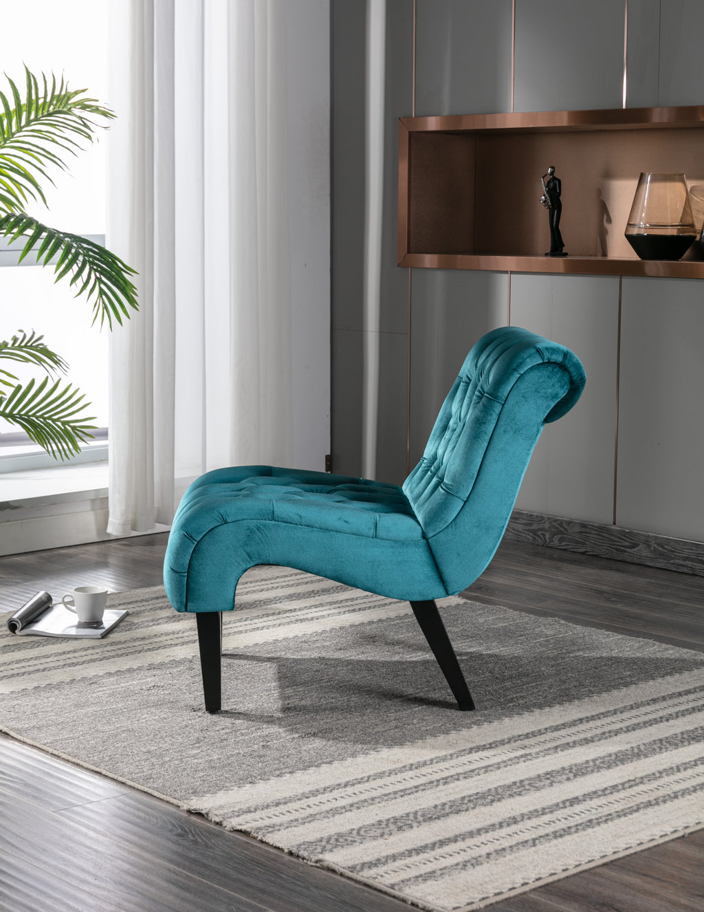 COOLMORE Modern Velvet Armless Accent Living Room Chair / Leisure Chair,Upholstered Fabric Button Comfortable Chair with Wooden Legs for Bedroom, Living Room, Office (Teal Velvet) - Grand Goldman Shop