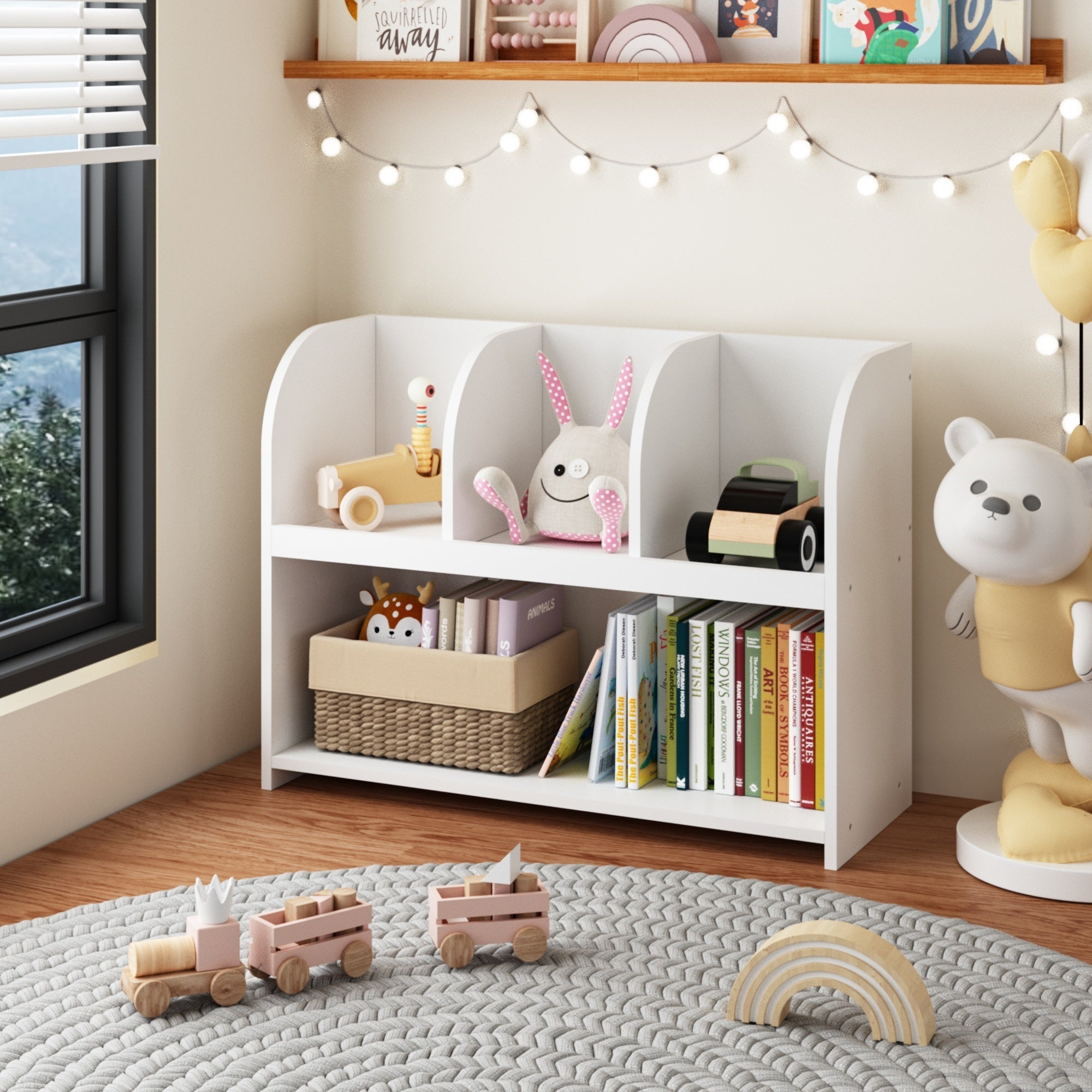 Kids Bookcase with 4 Compartments, White MDF Storage Shelf for Toys and Books, 31.5 x 11.8 x 23.6 inches - Grand Goldman