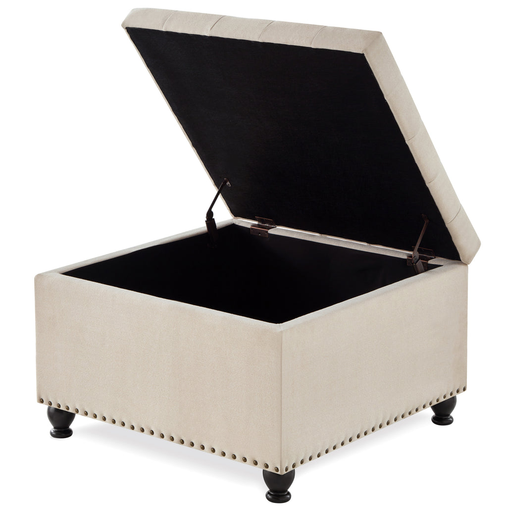 Large square storage ottoman with wooden legs, Upholstered button tufted coffee table with nail trims for Living Space,Beige - Grand Goldman Shop