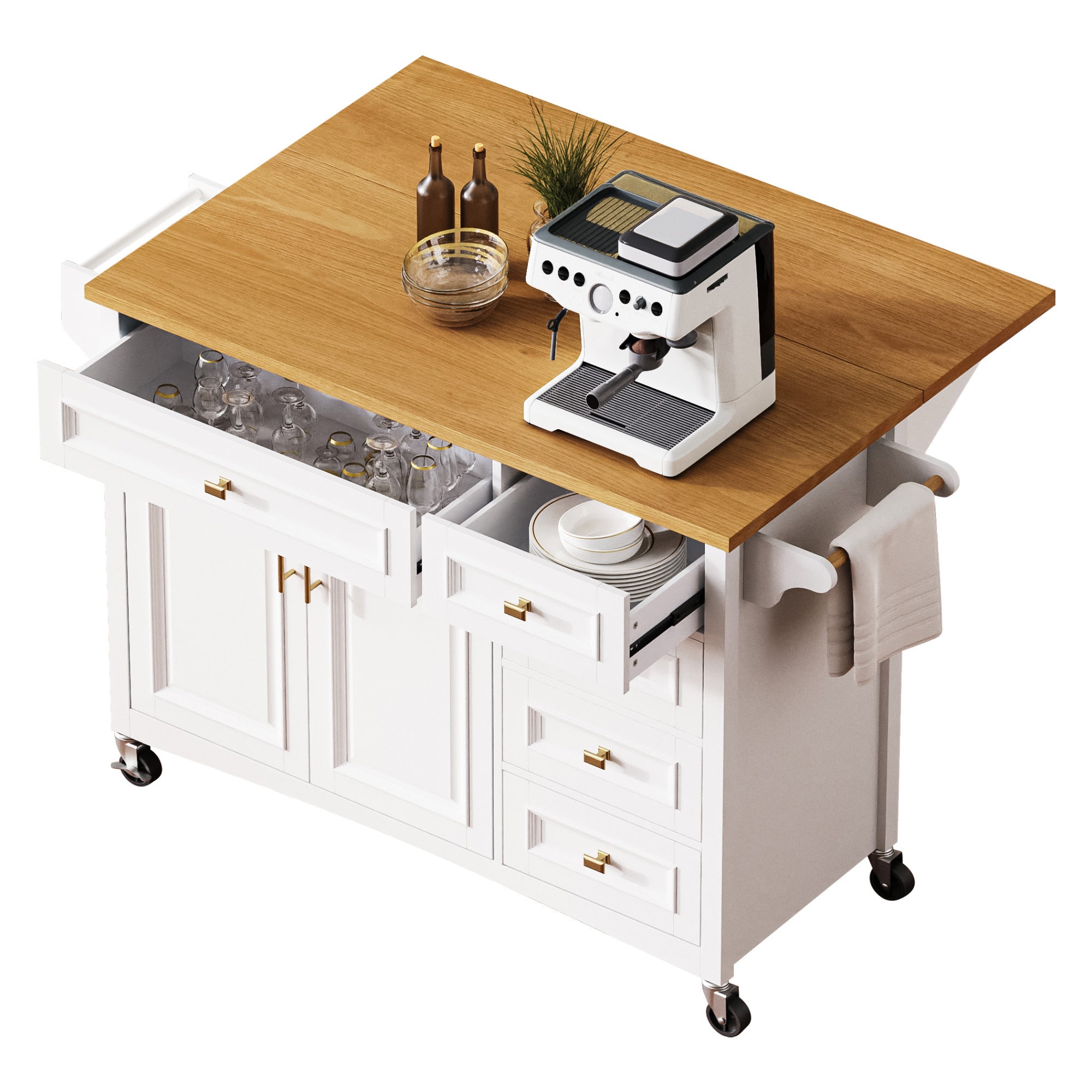 K&K 52'' Kitchen Island with Drop Leaf, Embossed Texture Kitchen Island on Wheels with Spice Rack, Towel Rack, 2 Doors and 5 Drawers, Kitchen Storage Cart with Adjustable Shelf for Kitchen, White - Grand Goldman Shop