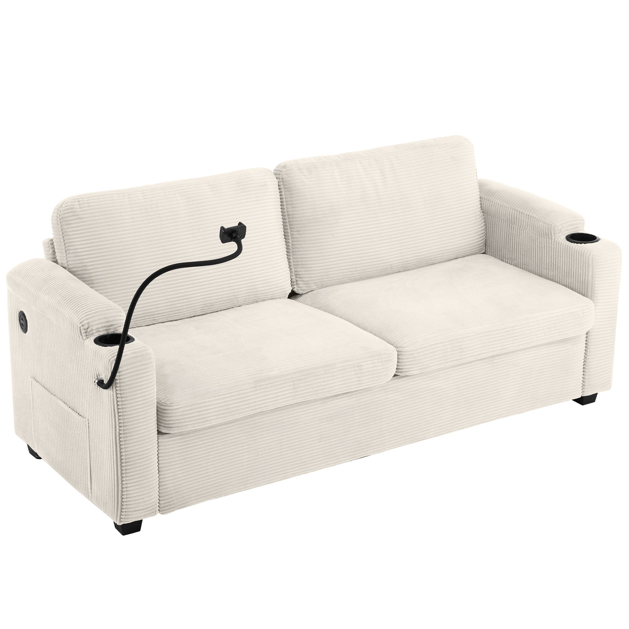Beige Corduroy Sleeper Sofa Loveseat with Full Size Mattress, USB Ports, Cup Holders, Side Pockets, Phone Holder - Grand Goldman Shop