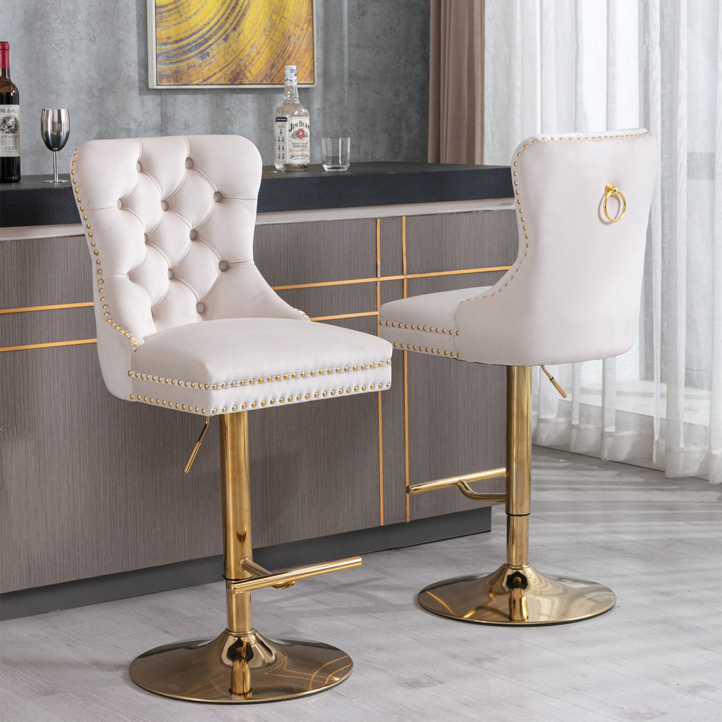 A&A Furniture,Thick Golden Swivel Velvet Barstools Adjusatble Seat Height from 27-35 Inch, Modern Upholstered Bar Stools with Backs Comfortable Tufted for Home Pub and Kitchen Island (Beige,Set of 2) - Grand Goldman Shop