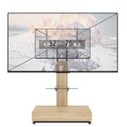 Natural Adjustable Height Mobile TV Cart with Push-Pull Drawer for 32-75 Inches, Wood & Glass TV Stand with Wheels - Grand Goldman Shop