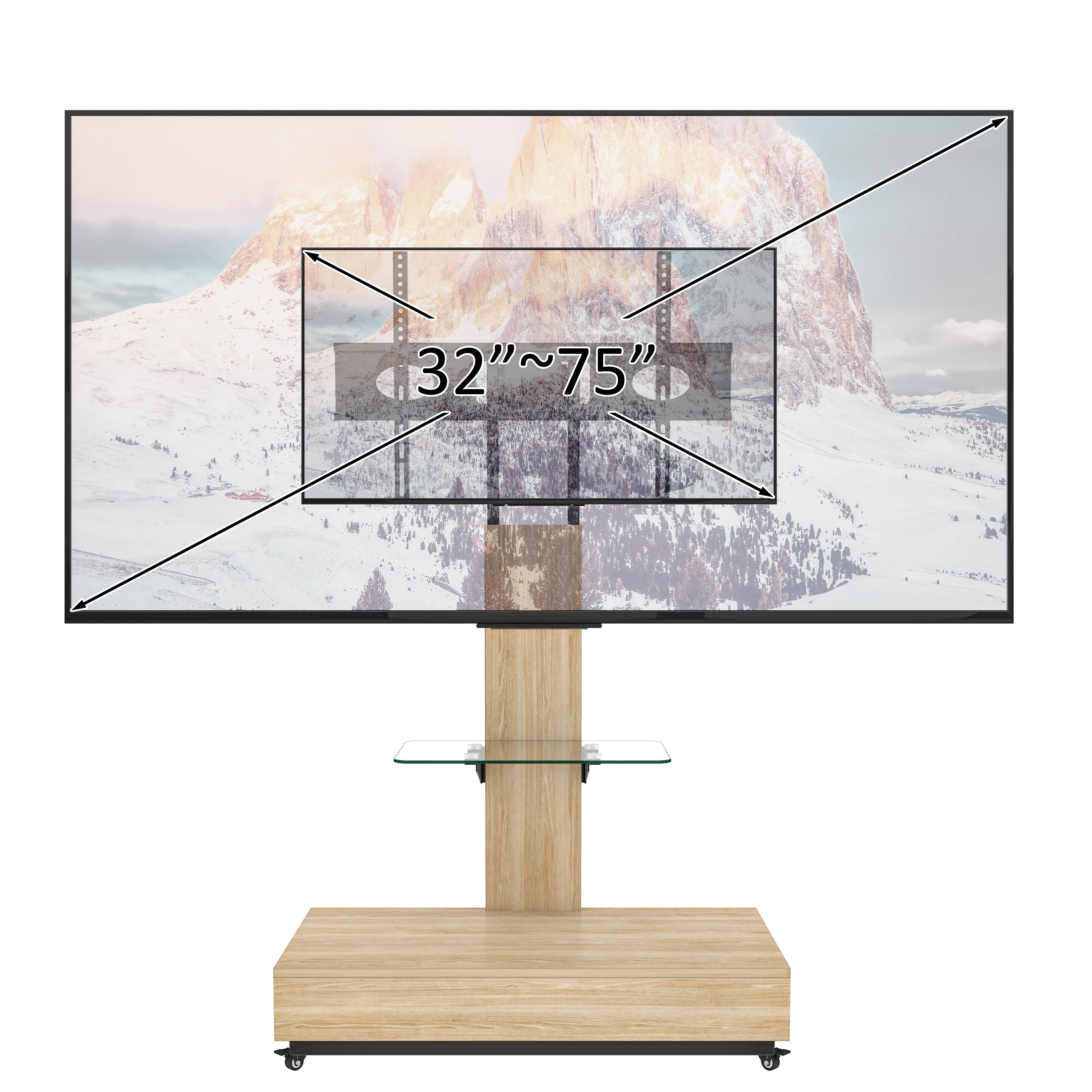 Natural Adjustable Height Mobile TV Cart with Push-Pull Drawer for 32-75 Inches, Wood & Glass TV Stand with Wheels - Grand Goldman Shop
