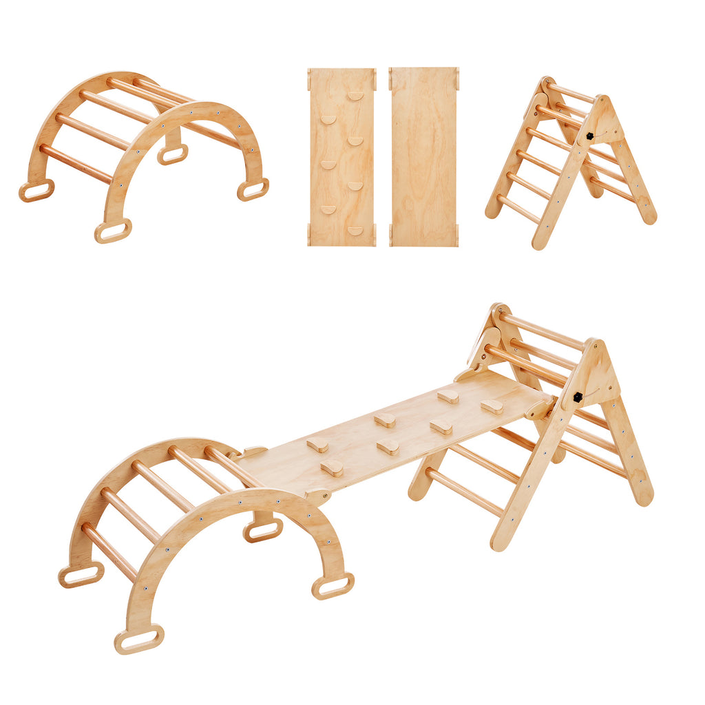 Pikler Triangle Set, 5 in 1 Toddler Climbing Toys Indoor Playground, Ramp, and Arch, Montessori Climbing Set with Triangle, M