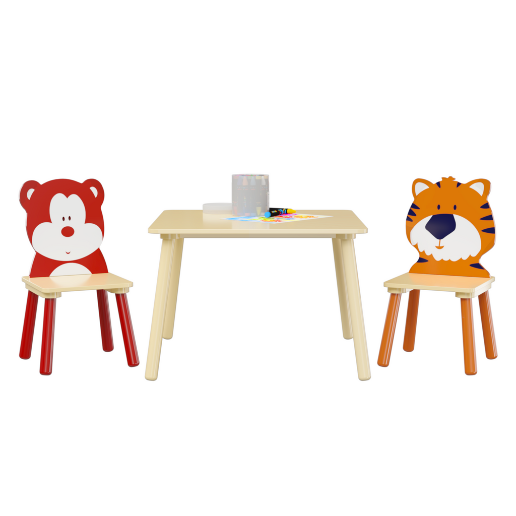 Kids Table and 2 Chairs Set, Wooden Activity Play Table Set with Bear & Tiger Design in White & Orange, Solid Wood and MDF Co