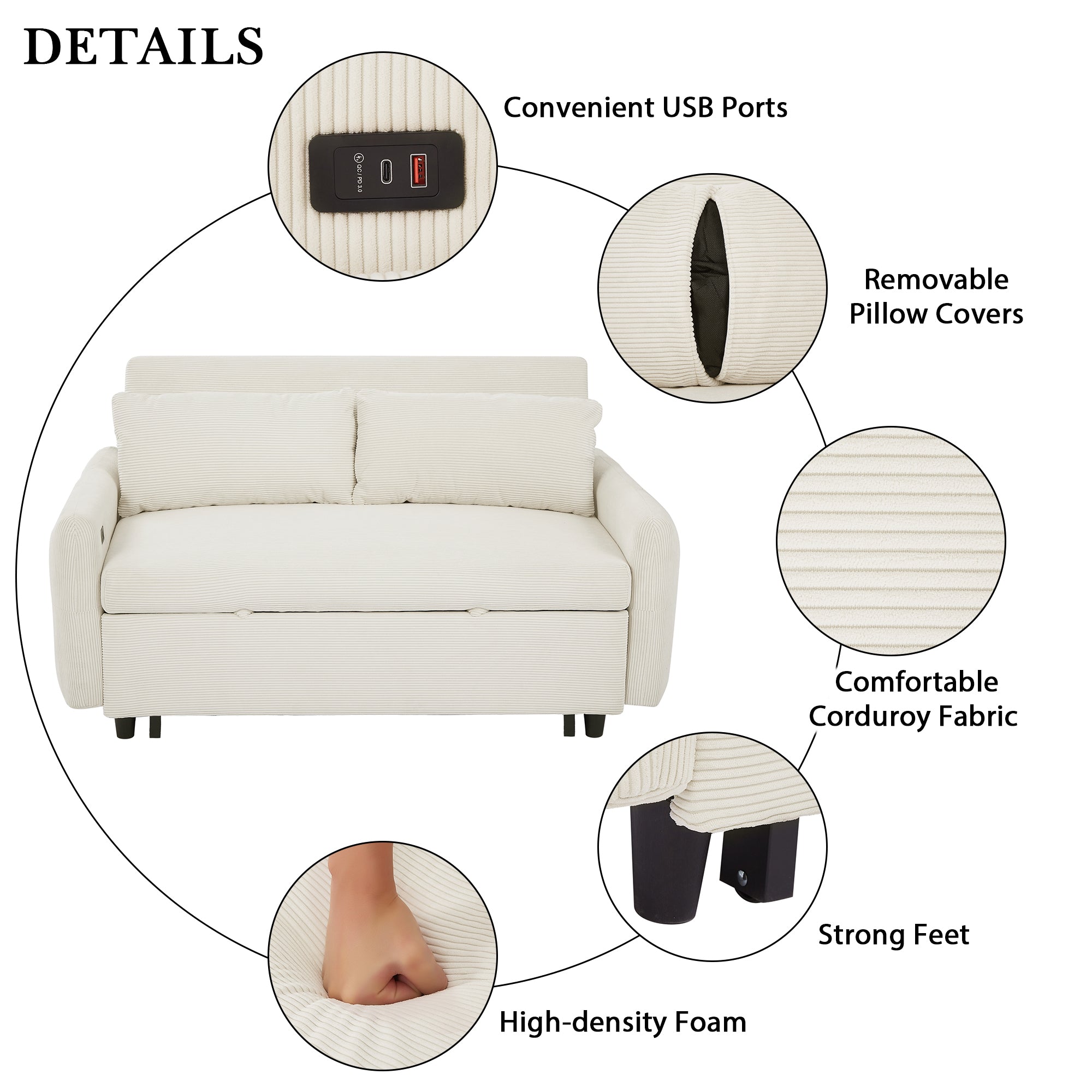 Modern Convertible Pull-out Sofa Bed with USB Ports and Pillows, Beige Corduroy, 57.48 inches - Grand Goldman Shop