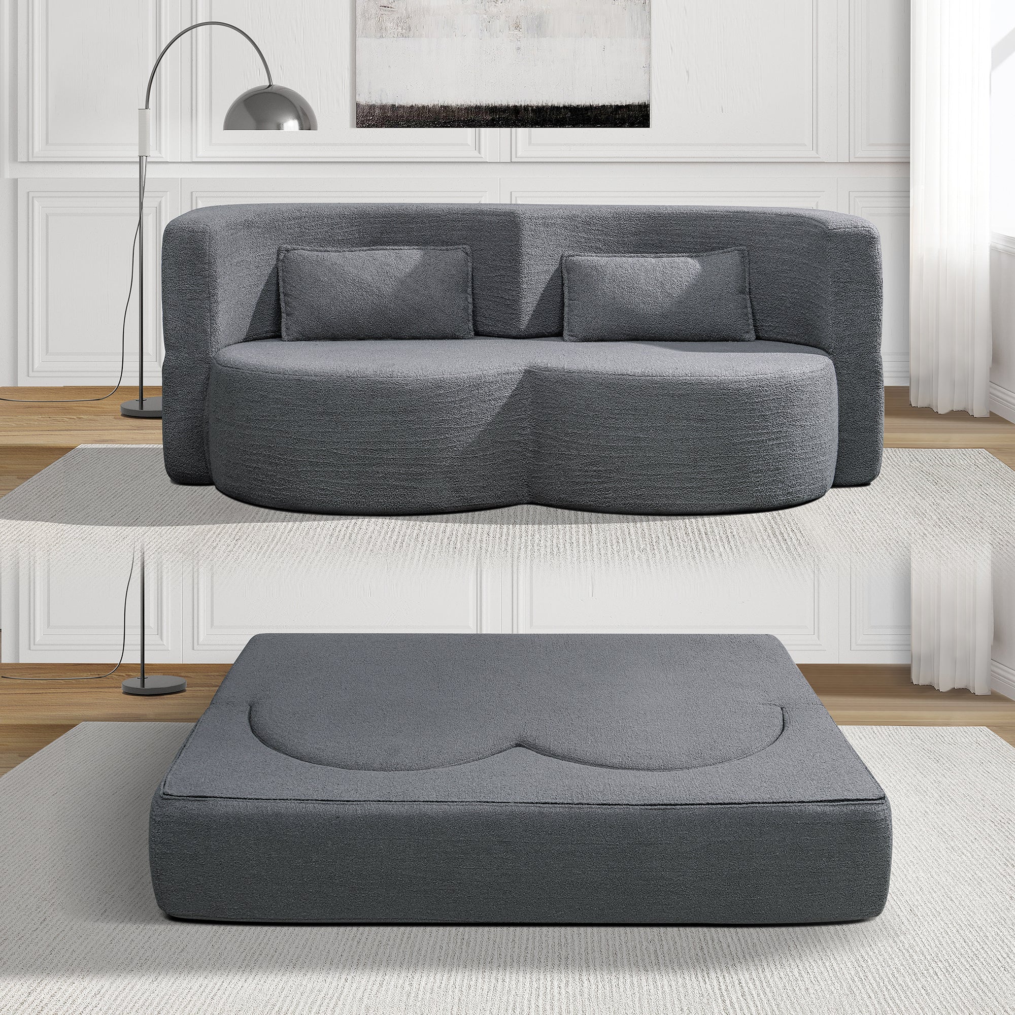 Folding sofa bed, floor sofa, convertible teddy bear fabric foam filled sleeper futon double sofa, suitable for living room, guest, office and apartment (gray) - Grand Goldman Shop