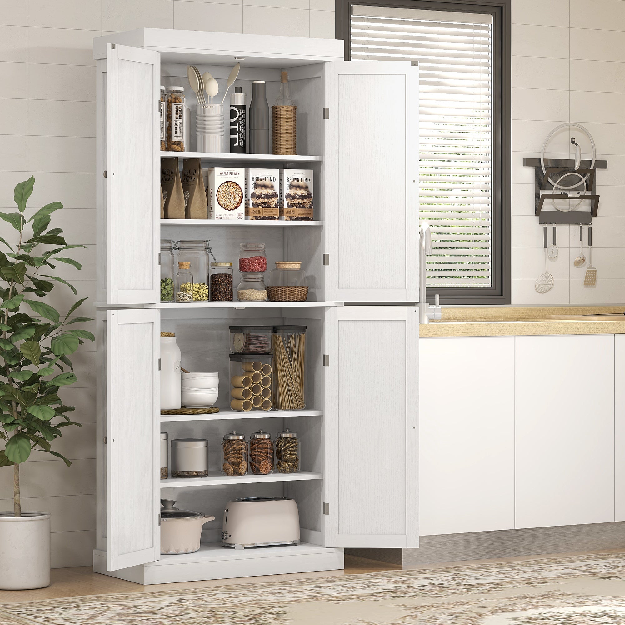 HOMCOM 72.5' Freestanding Kitchen Pantry Cabinet, Tall Storage Cabinet with 4 Doors and 2 Adjustable Shelves for Dining Room, White Wood Grain - Grand Goldman Shop