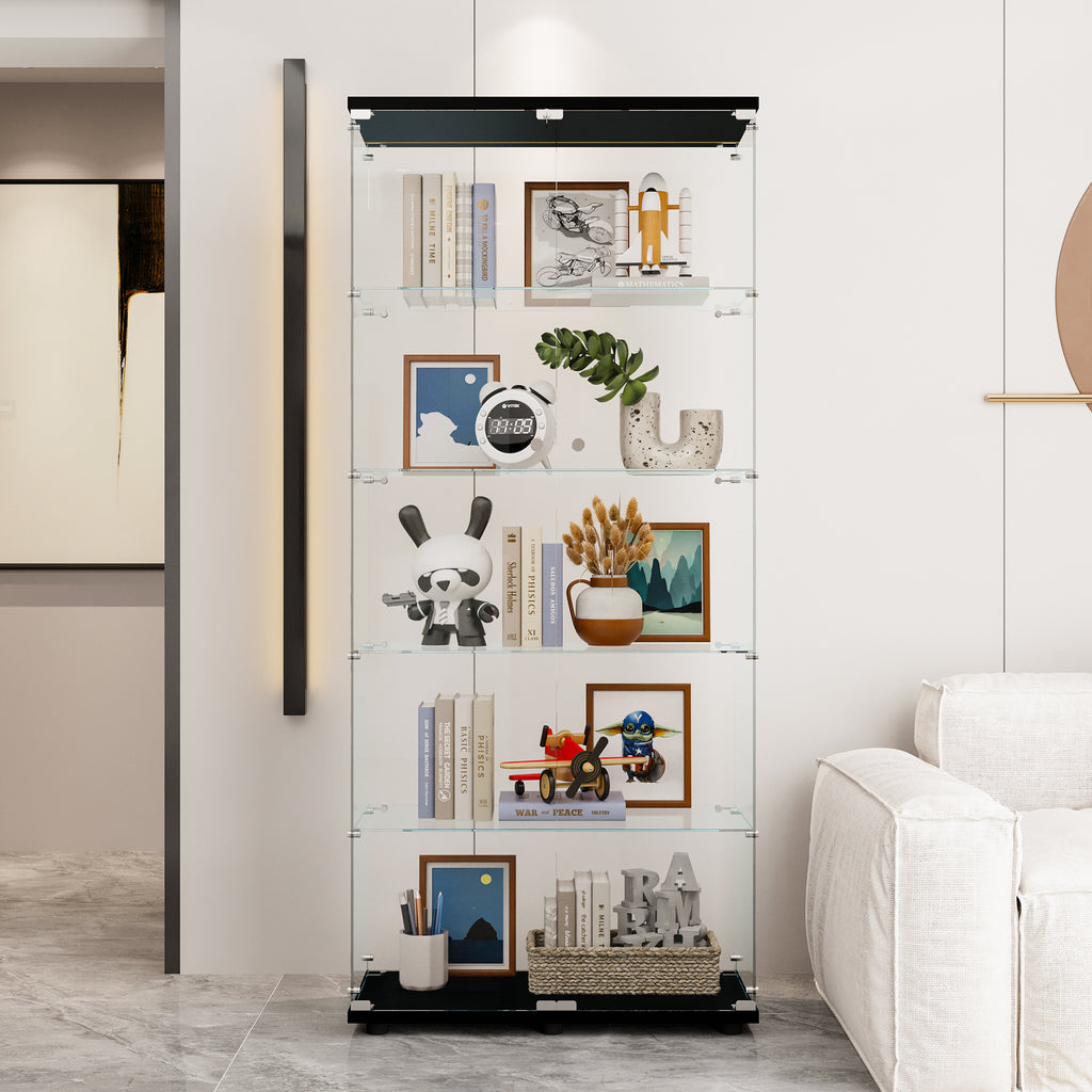 Glass Display Cabinet with 5 Shelves Double Door, Curio Cabinets for Living Room, Bedroom, Office, Black Floor Standing Glass