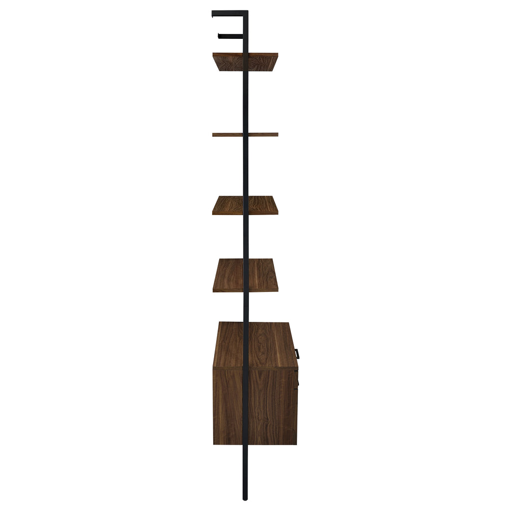 Wendell Walnut 4-Shelf Storage Wall Bookshelf with Drawer - Modern Industrial Style, Walnut Finish, Engineered Wood, 96in H x