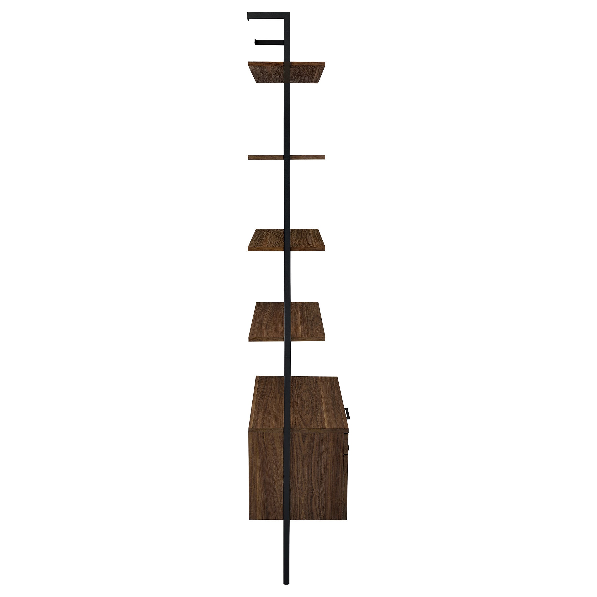Wendell Walnut 4-Shelf Storage Wall Bookshelf with Drawer - Modern Industrial Style, Walnut Finish, Engineered Wood, 96in H x