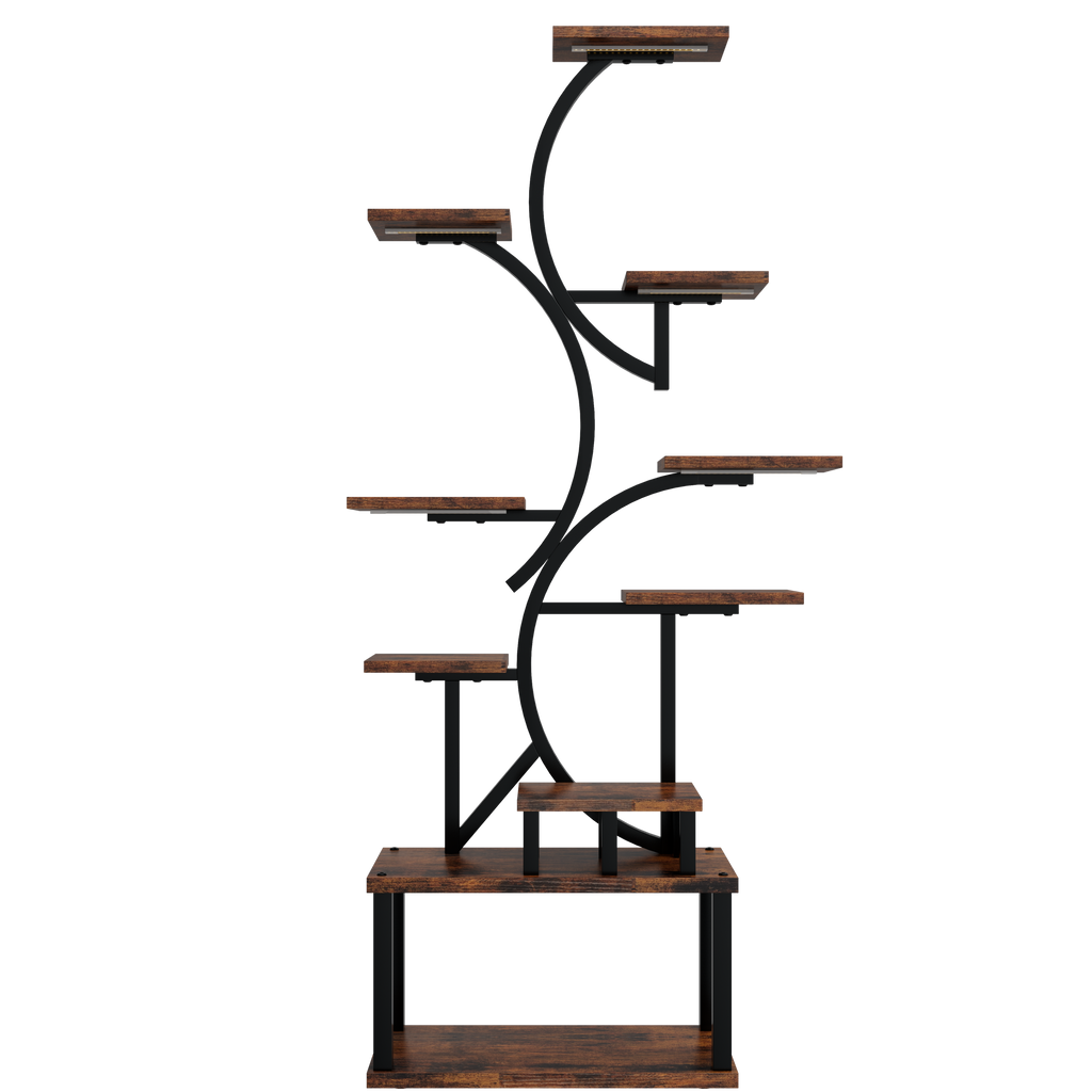 S-Shaped 10-Tier Plant Stand with 5 Grow Lights in Deep Rustic Brown, MDF and Steel, 68.5' Tall for Indoor Plants - Grand Goldman Shop