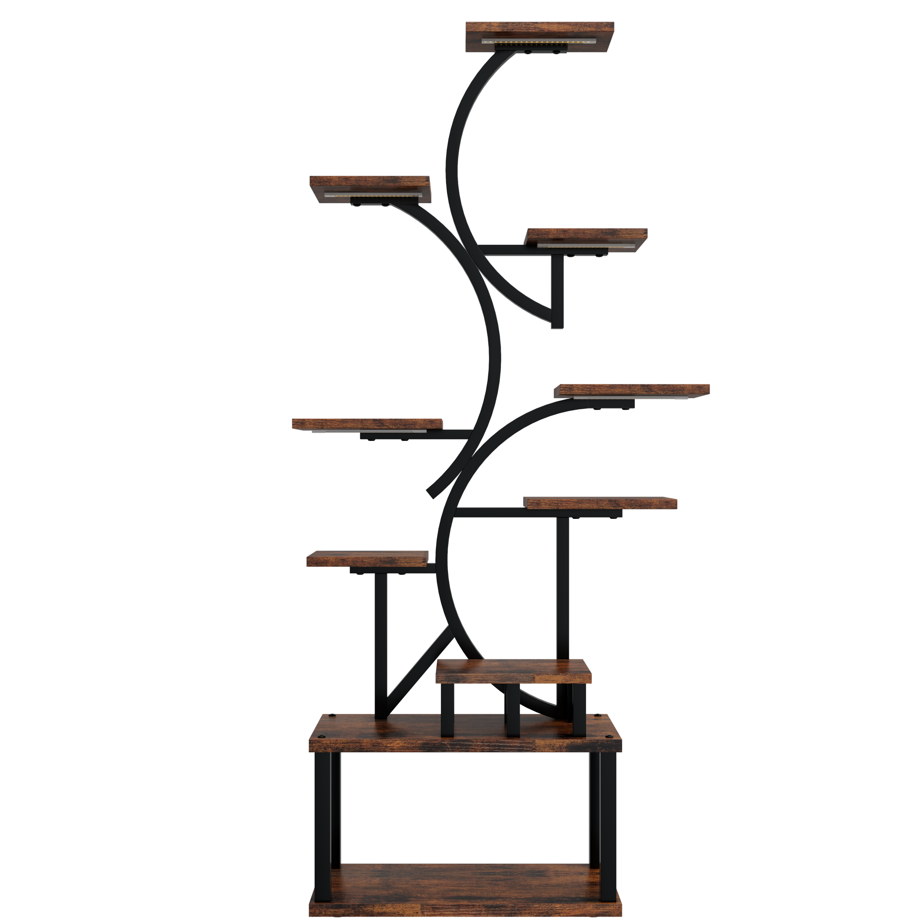 S-Shaped 10-Tier Plant Stand with 5 Grow Lights in Deep Rustic Brown, MDF and Steel, 68.5' Tall for Indoor Plants - Grand Goldman Shop