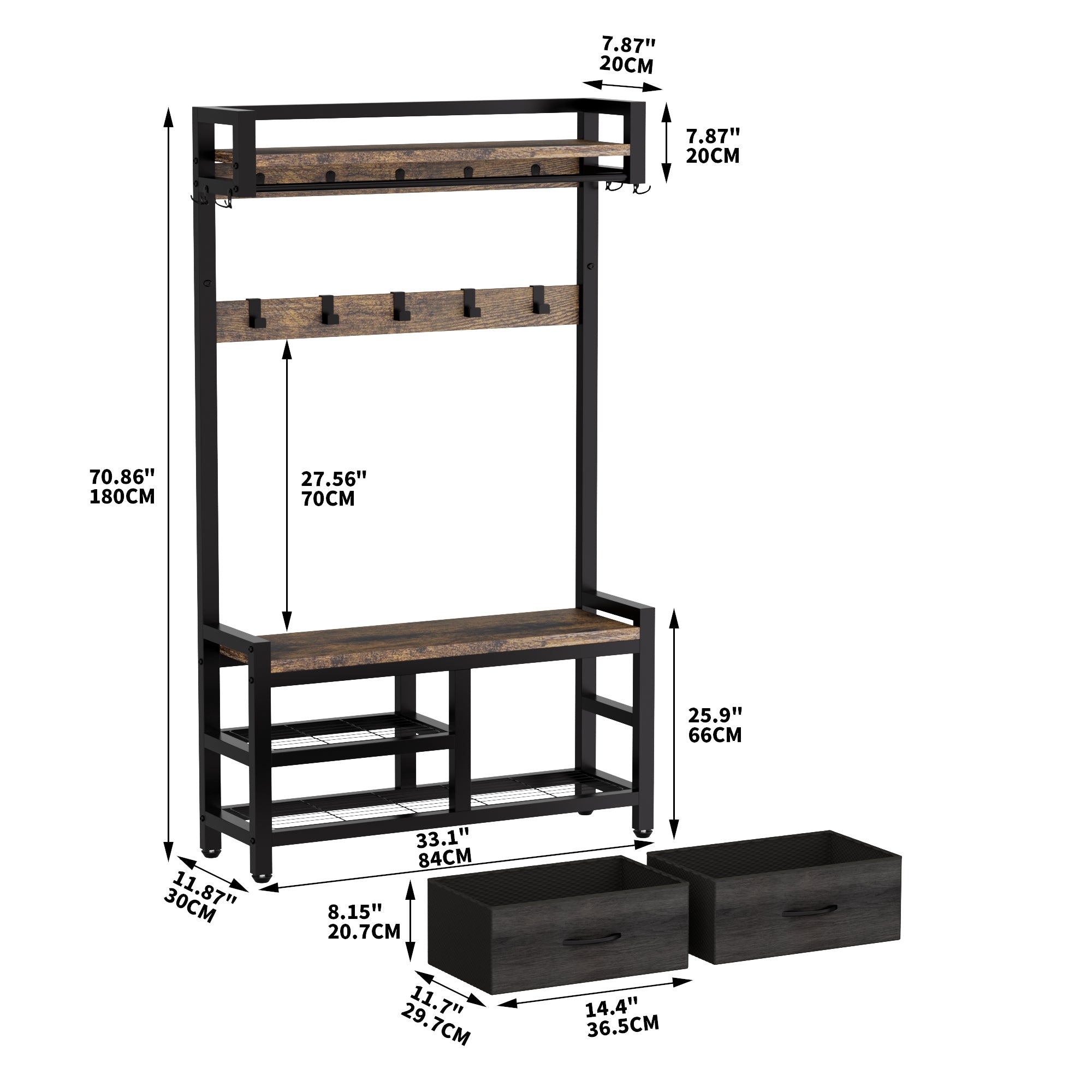 Rustic Brown 33.1' Wide Hall Tree with 2 Movable Drawers, Shoe Storage, Shelves, Garment Racks, and 23 Hooks for Entryway or Corner - Grand Goldman Shop