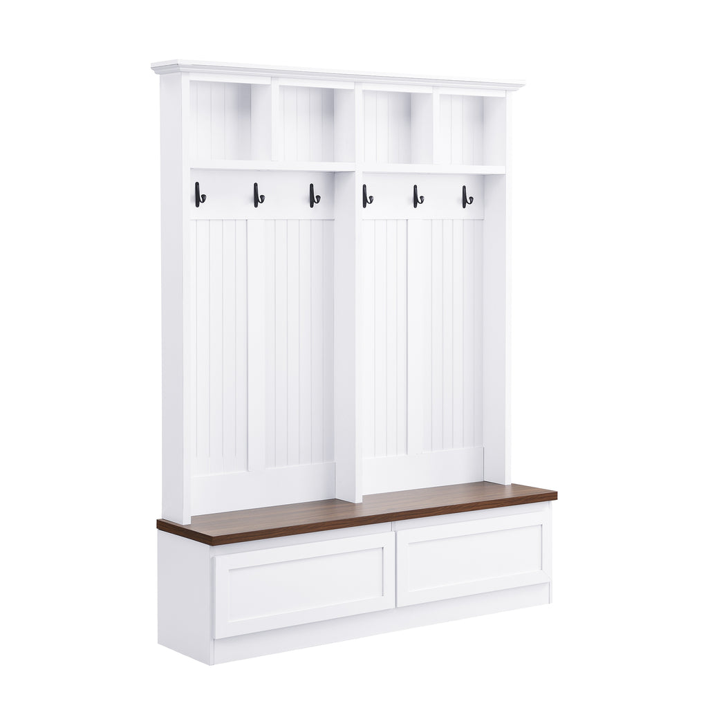Farmhouse 4-in-1 Hall Tree with Wood Grain Bench, Mudroom Versatile Coat Rack with 2 Large Drawer, Entrance Organizer for Hallway, Living Room, White, 55.9'W (OLD SKU: N721P313099K) - Grand Goldman Shop