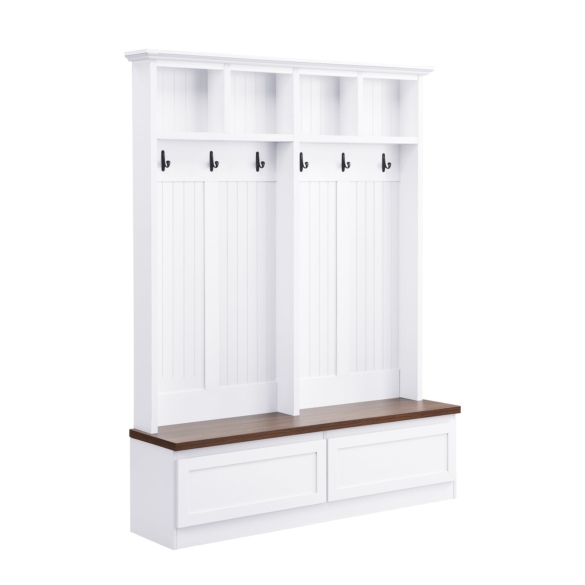 Farmhouse 4-in-1 Hall Tree with Wood Grain Bench, Mudroom Versatile Coat Rack with 2 Large Drawer, Entrance Organizer for Hallway, Living Room, White, 55.9'W (OLD SKU: N721P313099K) - Grand Goldman Shop