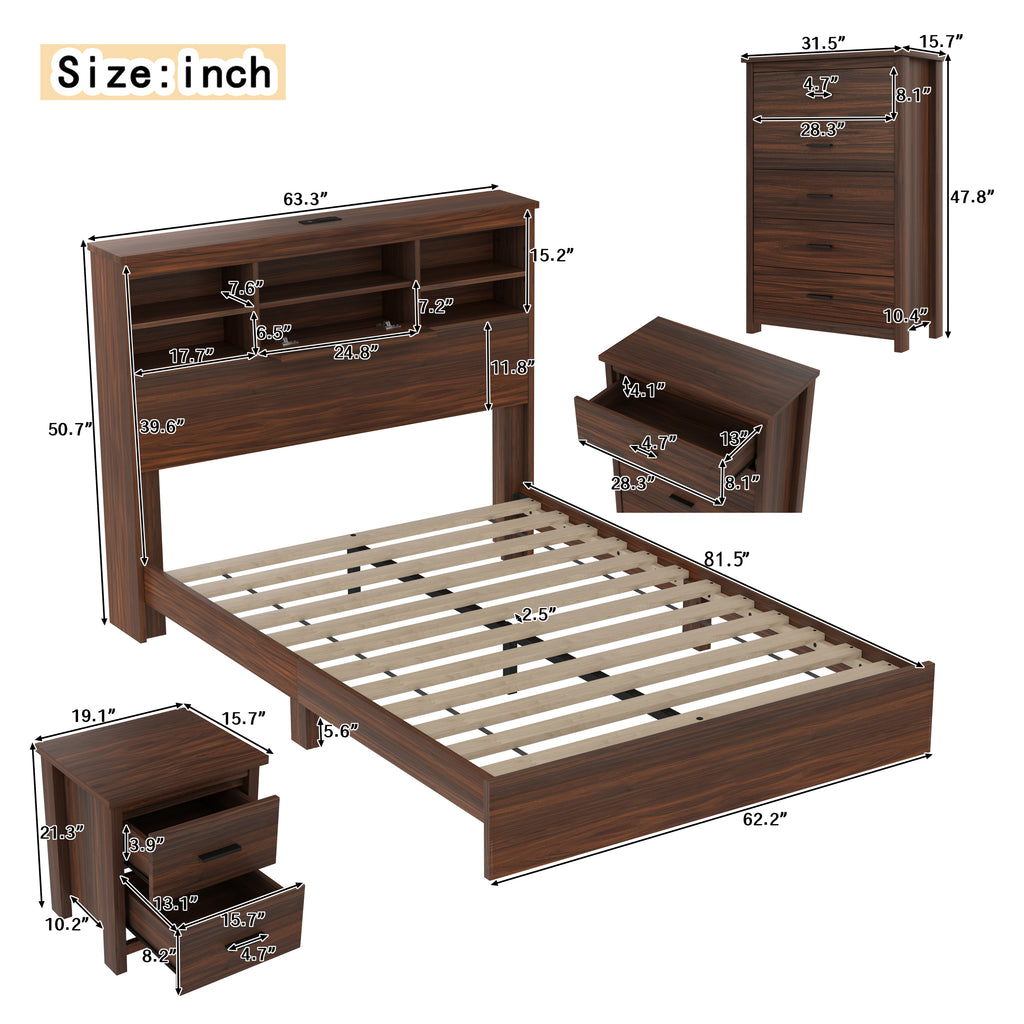 4PCS Bedroom Sets, Wooden Queen Size Bed Frame with Storage Headboard and Charging Station, 2 Nightstands with 2 Drawers, 1 Dresser with 5 Drawers, Walnut(old SKU HL000102AAD) - Grand Goldman Shop