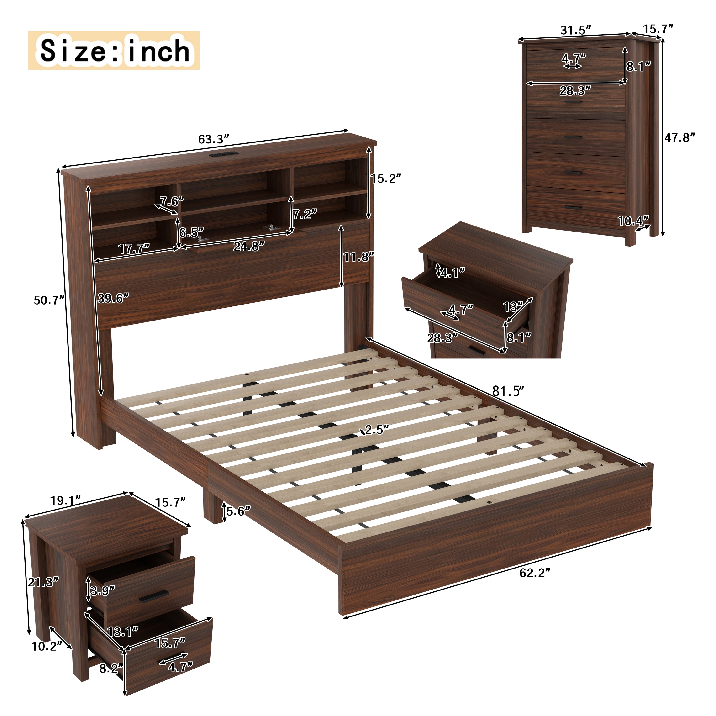 4PCS Bedroom Sets, Wooden Queen Size Bed Frame with Storage Headboard and Charging Station, 2 Nightstands with 2 Drawers, 1 Dresser with 5 Drawers, Walnut(old SKU HL000102AAD) - Grand Goldman Shop