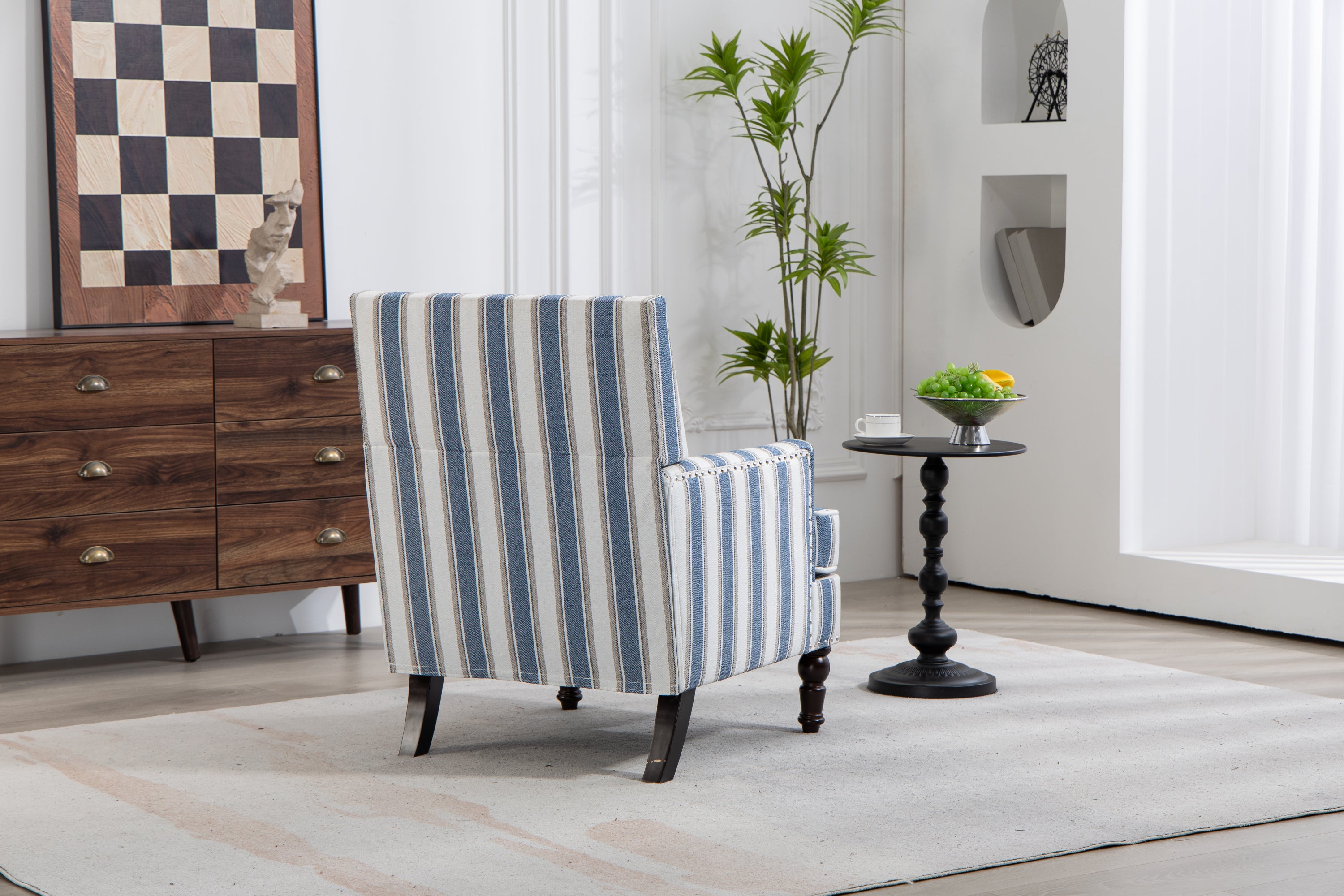 Upholstered Accent Chair, Vintage Armchair with Blue and White Striped Linen Fabric and Nailhead Trim for Living Room - Grand Goldman Shop