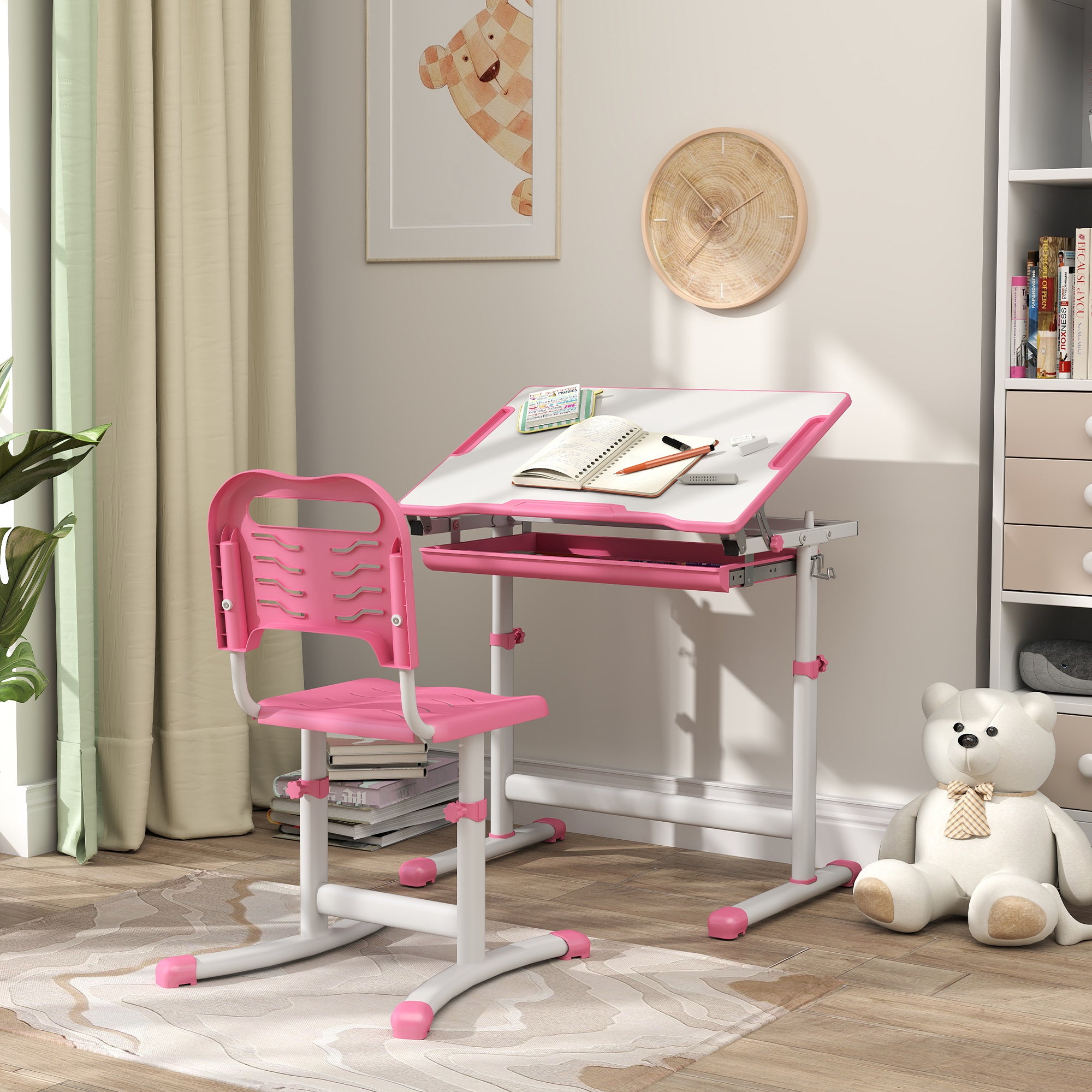 Qaba Kids Desk and Chairs Set, Height Adjustable Children School Study Desk with Tilt Desktop, Storage Drawer, Pen Slot, Hook