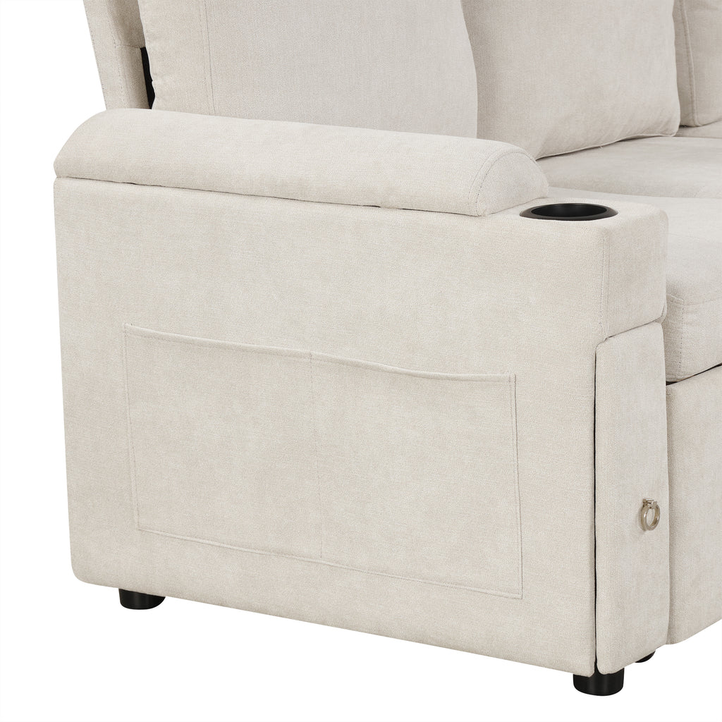 Convertible L-shaped Beige Sofa Couch with Storage, Cup Holders, USB Ports, Chenille Fabric - Grand Goldman Shop