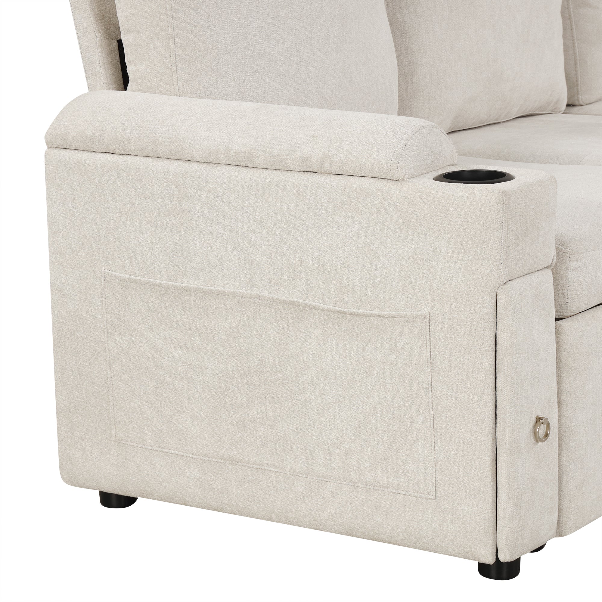 Convertible L-shaped Beige Sofa Couch with Storage, Cup Holders, USB Ports, Chenille Fabric - Grand Goldman Shop