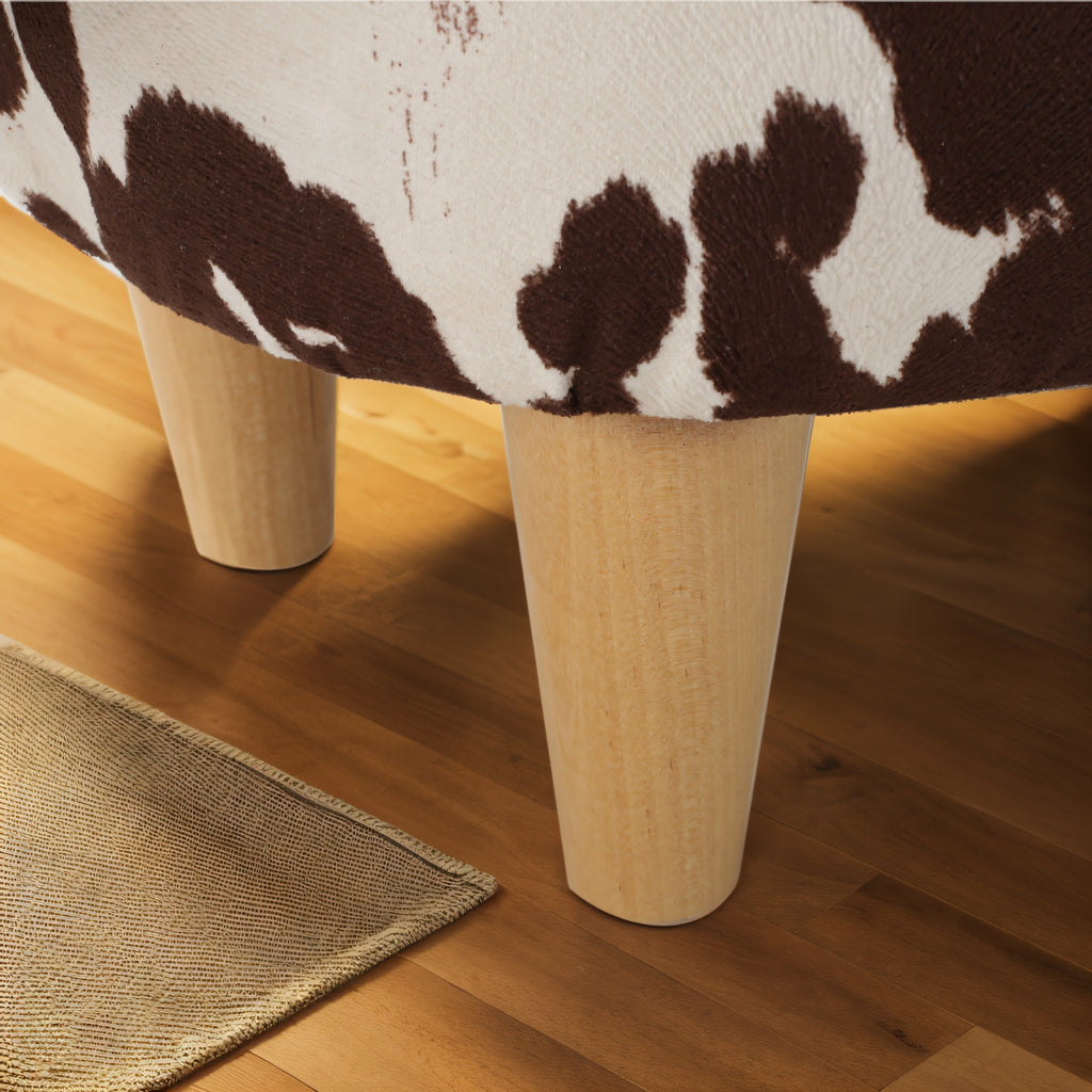 Cow-Shaped Modern Ottoman Footstool in Brown and White Fabric with Velvet Horns, Birch Legs, 25.25 x 14.00 x 16.75 inches - Grand Goldman Shop