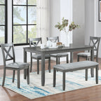 6PCs Kitchen Dining Set, Rectangular Wooden Dining Table with 4 Upholstered Chairs and a Bench, Dining Table Set for 6 People, Living Room, Home Bar and Kitchen, Gray - Grand Goldman Shop